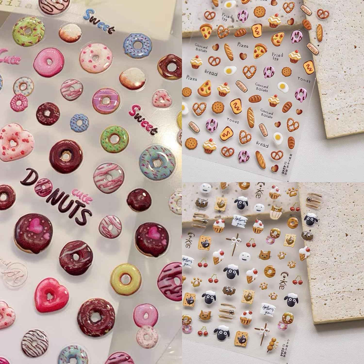 Dedyel Food Nail Art Stickers 3D Cake Dessert Donut Ice Cream Cookies Fruit Bread Self-Adhesive Nail Stickers for Women Girls Kids