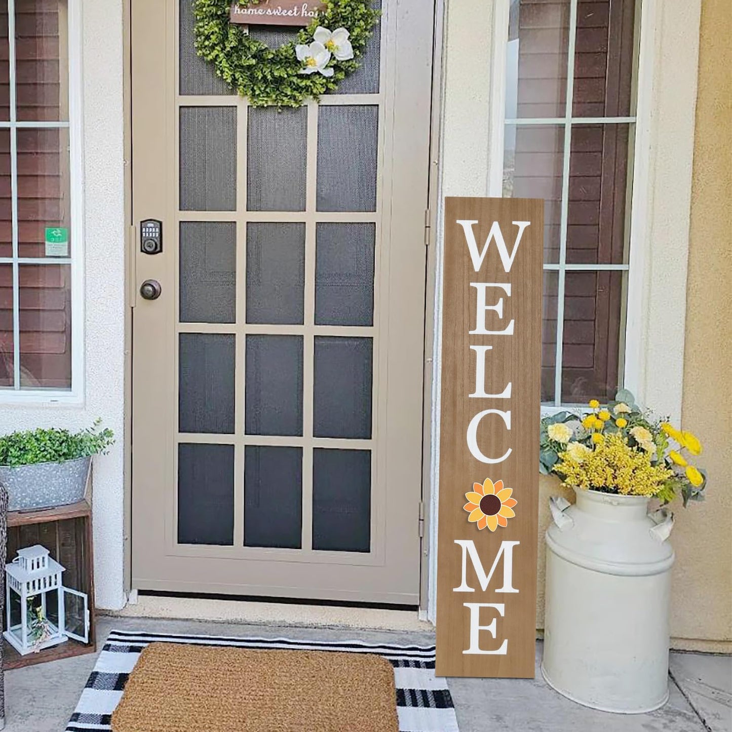 Interchangeable Welcome Sign for Front Porch- 45"X9" Large Standing/Hanging Wooden Sign with 12 PCS Replaceable Icons for Farmhouse Harvest Fall Halloween Thanksgiving Christmas Porch Wall Yard Decorations