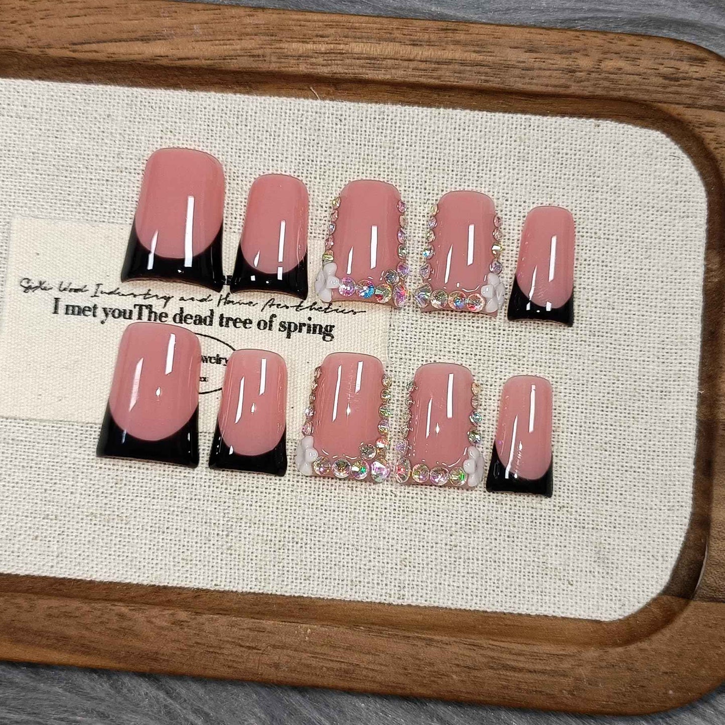 TENPAL Handmade Duck Nails Press on,Pink & Black French Tip Duckbill Tips with Rhinestone Edge,10PCS Glossy Glue on Nails Kit,Glitter Acrylic False Nails with Design,Y2K Punk Fake Nail for Women(M)