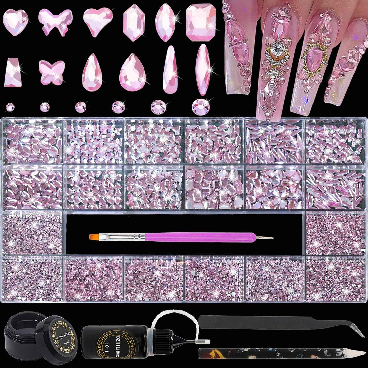 DZHILHMX Nail Rhinestones - 4300pcs Light Pink, Multiple Shape Gems, Flat Back Rhinestones, with Kit and Glue Gel, for Nail Art