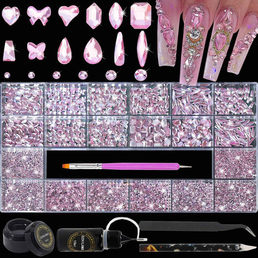 DZHILHMX Nail Rhinestones - 4300pcs Light Pink, Multiple Shape Gems, Flat Back Rhinestones, with Kit and Glue Gel, for Nail Art