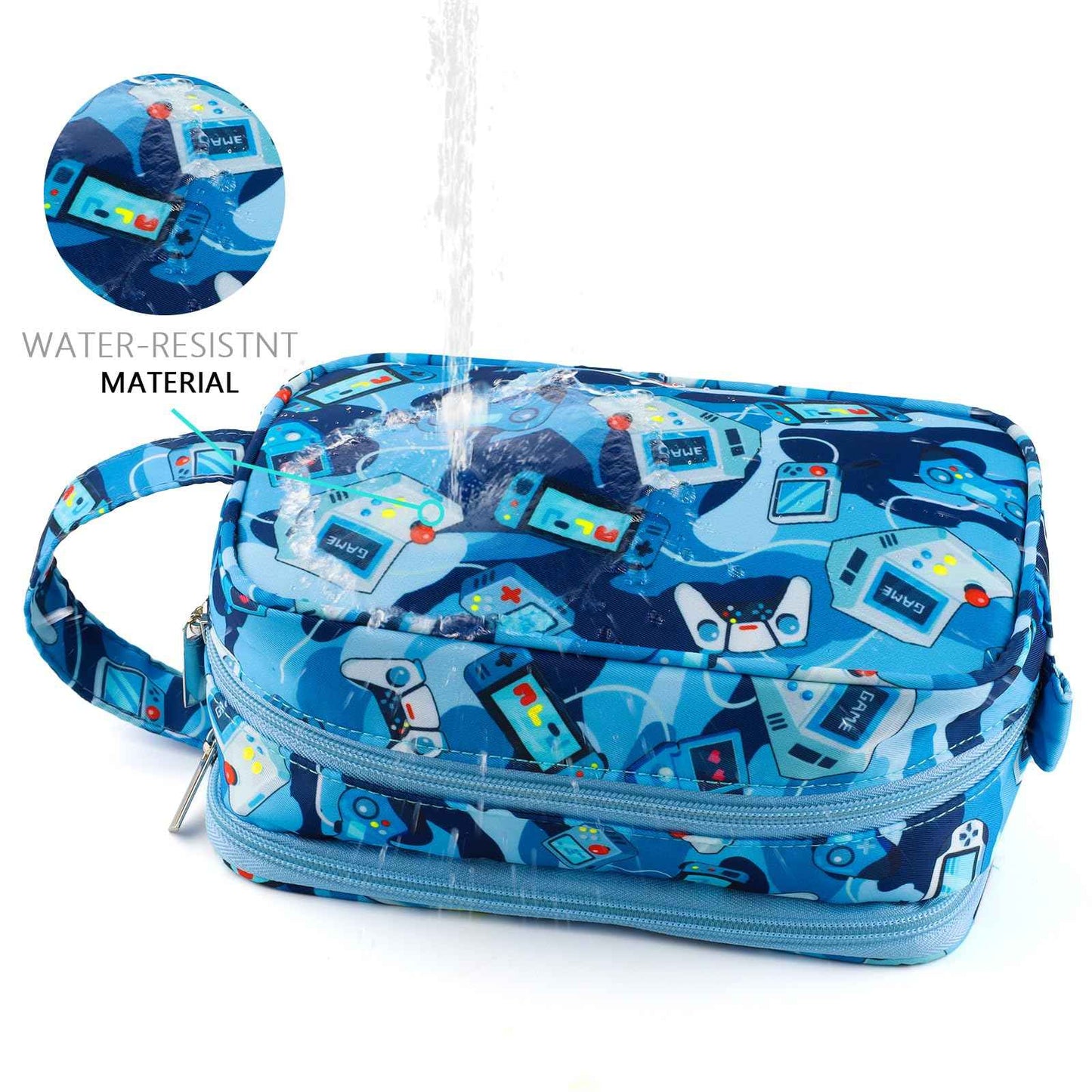 Foxstory Kids Toiletry Bag for Boys, Travel Toiletry Bag for Little Young Boys Waterproof Hanging Wash Bag Toddler Traveling Toiletries, Games Camo Blue