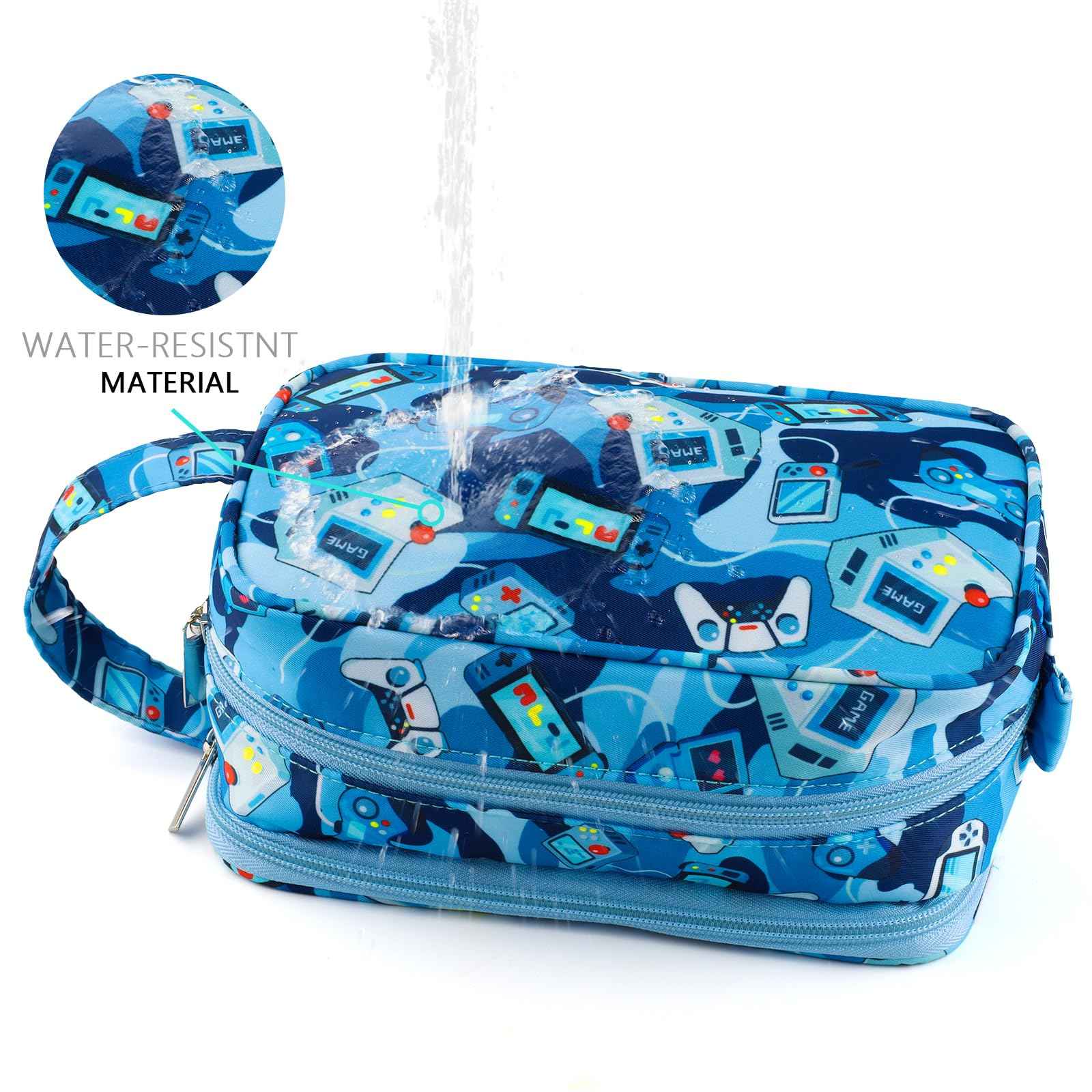 Foxstory Kids Toiletry Bag for Boys, Travel Toiletry Bag for Little Young Boys Waterproof Hanging Wash Bag Toddler Traveling Toiletries, Games Camo Blue
