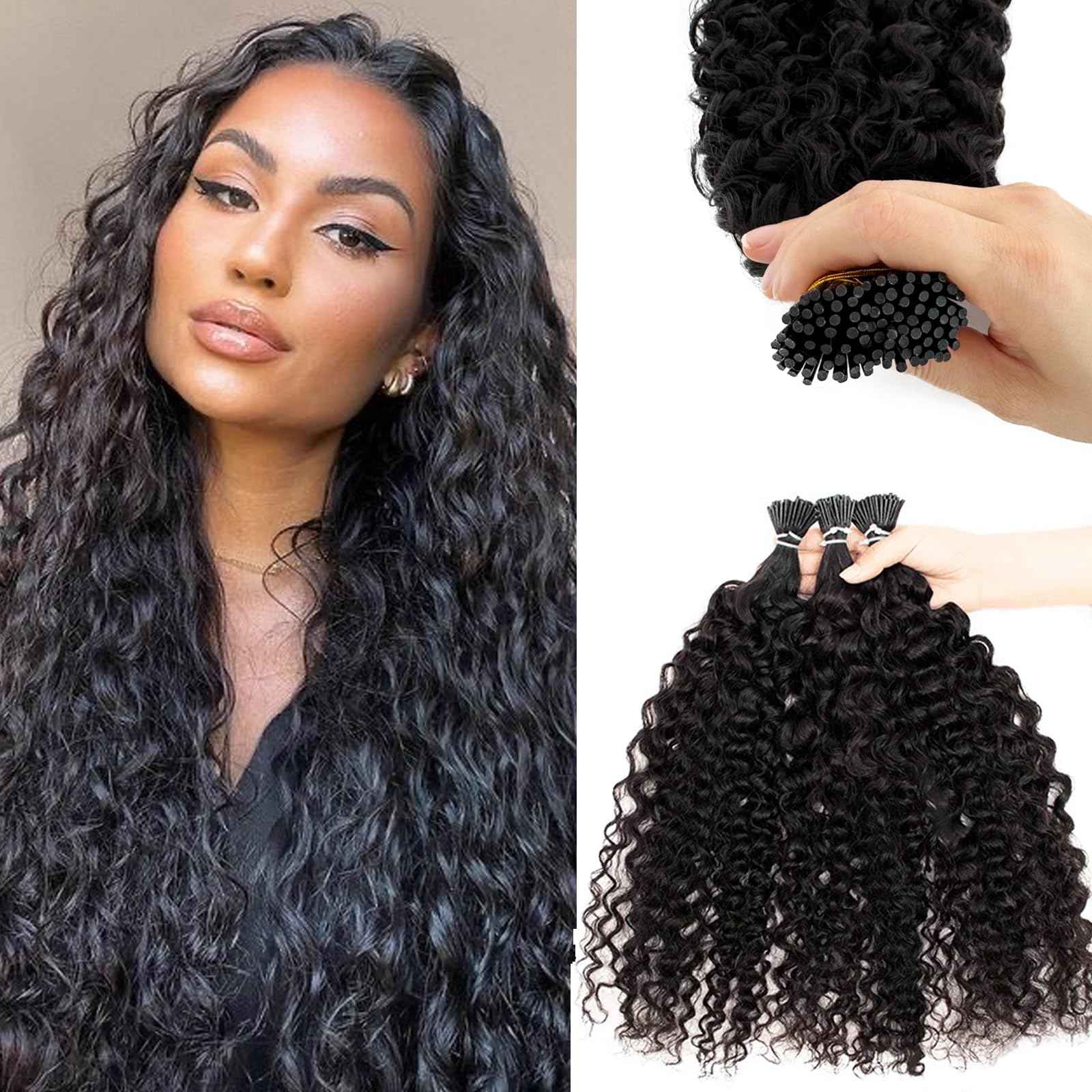 I Tip Hair Extensions Human Hair, Water Wave Curly itip Black Hair Extensions Real Human Hair18 Inch Pre Bonded Cold Fusion Curly I tip Hair Extension for Black Women100 Strand 50Gram