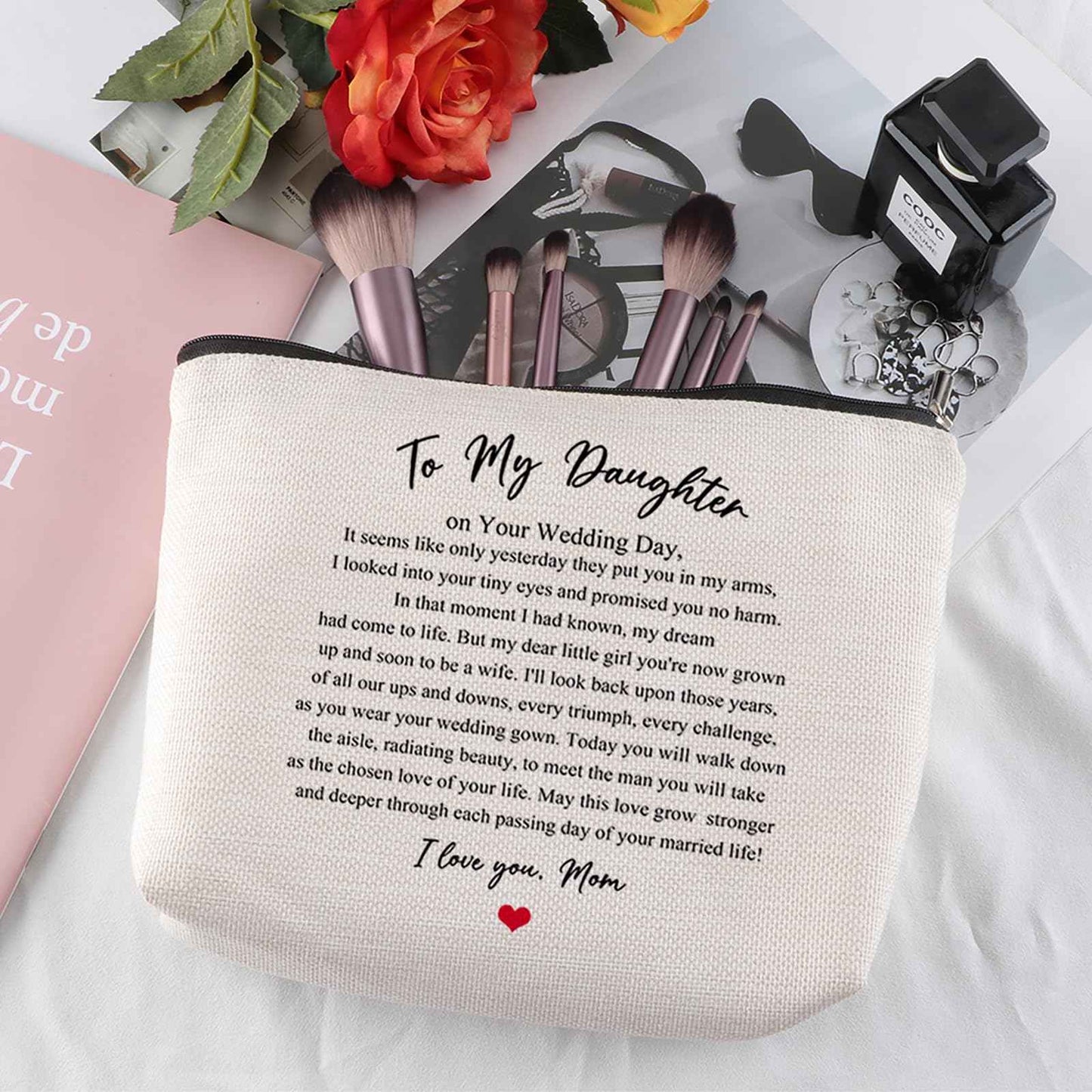 Pwrlveiut Wedding Gift for Bride from Mom Bridal Shower Gift Travel Makeup Bag Bridal Gifts for Bride Keepsake for Daughter from Mother to My Daughter on Your Wedding Day