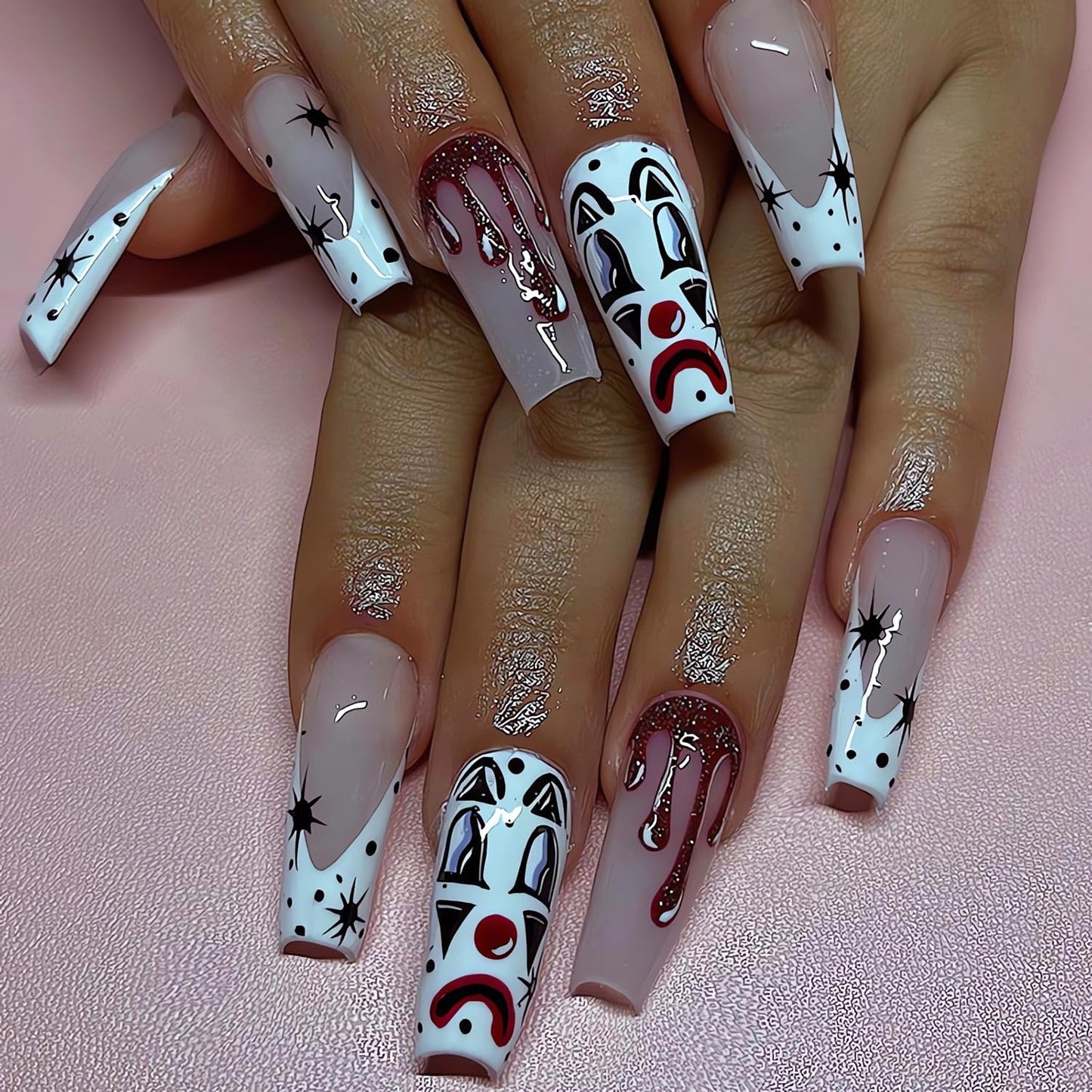 Halloween Press on Nails Long Coffin Fake Nails with Blood Clown Designs Glossy Glue on Nails Full Cover Long Acrylic Nails Halloween Nails for Women and Girls for Nail Art Decorations Cosplay 24 Pcs