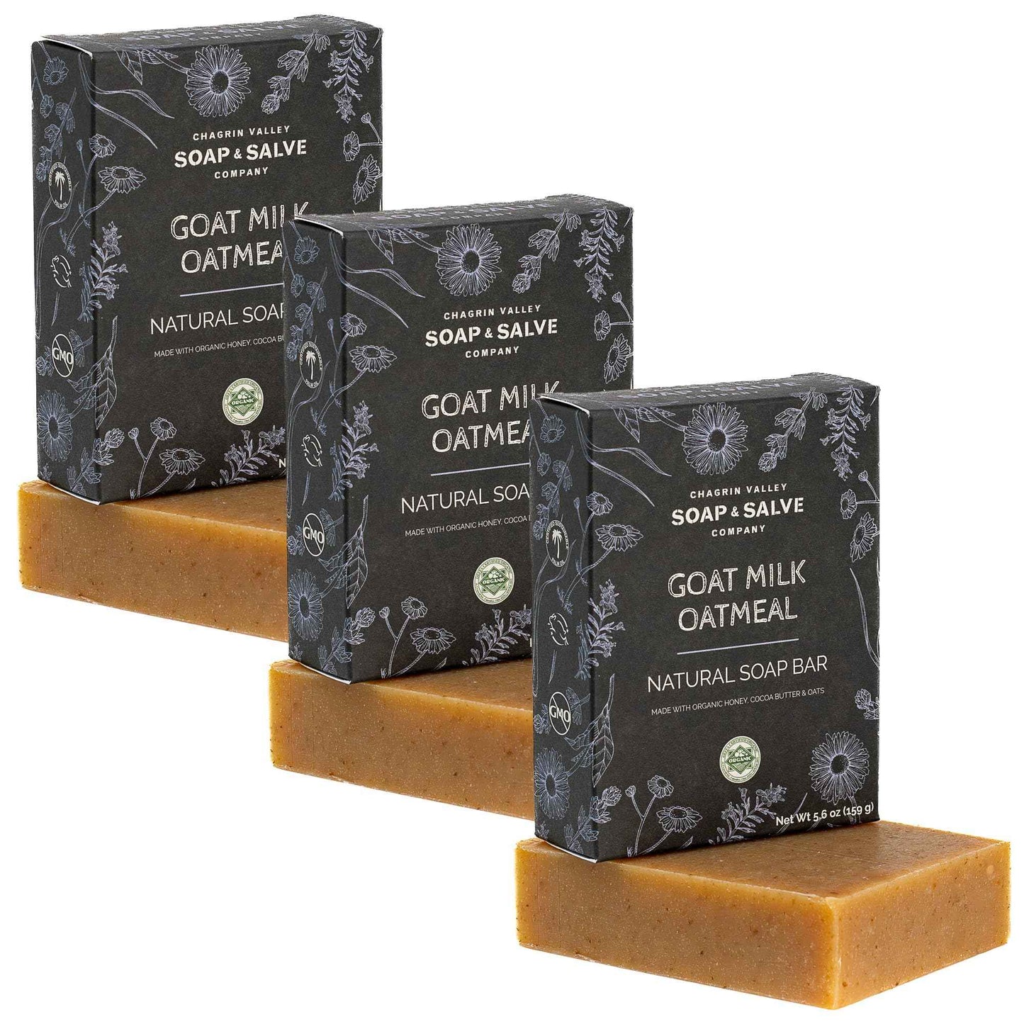 Chagrin Valley Soap & Salve Oatmeal, Honey and Fresh Goat Milk Soap Bar - For Dry Skin and Itchy Skin Relief - Organic, Cleansing Milk and Honey Unscented Bar Soap For Women and Men, Large 5.6 oz 3PK