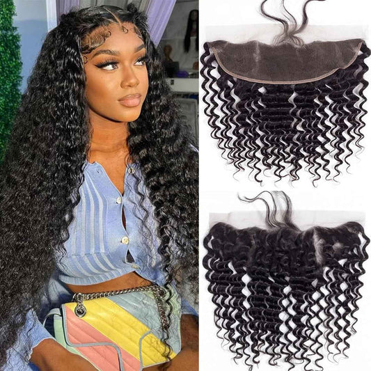 Lace Frontal Closure Deep Wave 13x4 Ear to Ear Frontal HD Lace 16 Inch Brazilian Curly Virgin Human Hair Extensions Pre Plucked with Baby Hair 150% Density Natural Black