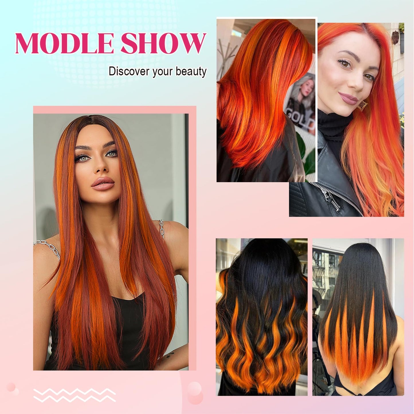 Felendy Colored Hair Extensions, 12 Pcs Orange Clip in Hair Extensions Highlight Colorful Straight Hairpieces Daily Party Costumes Synthetic Piece for Women Kids Girls Halloween