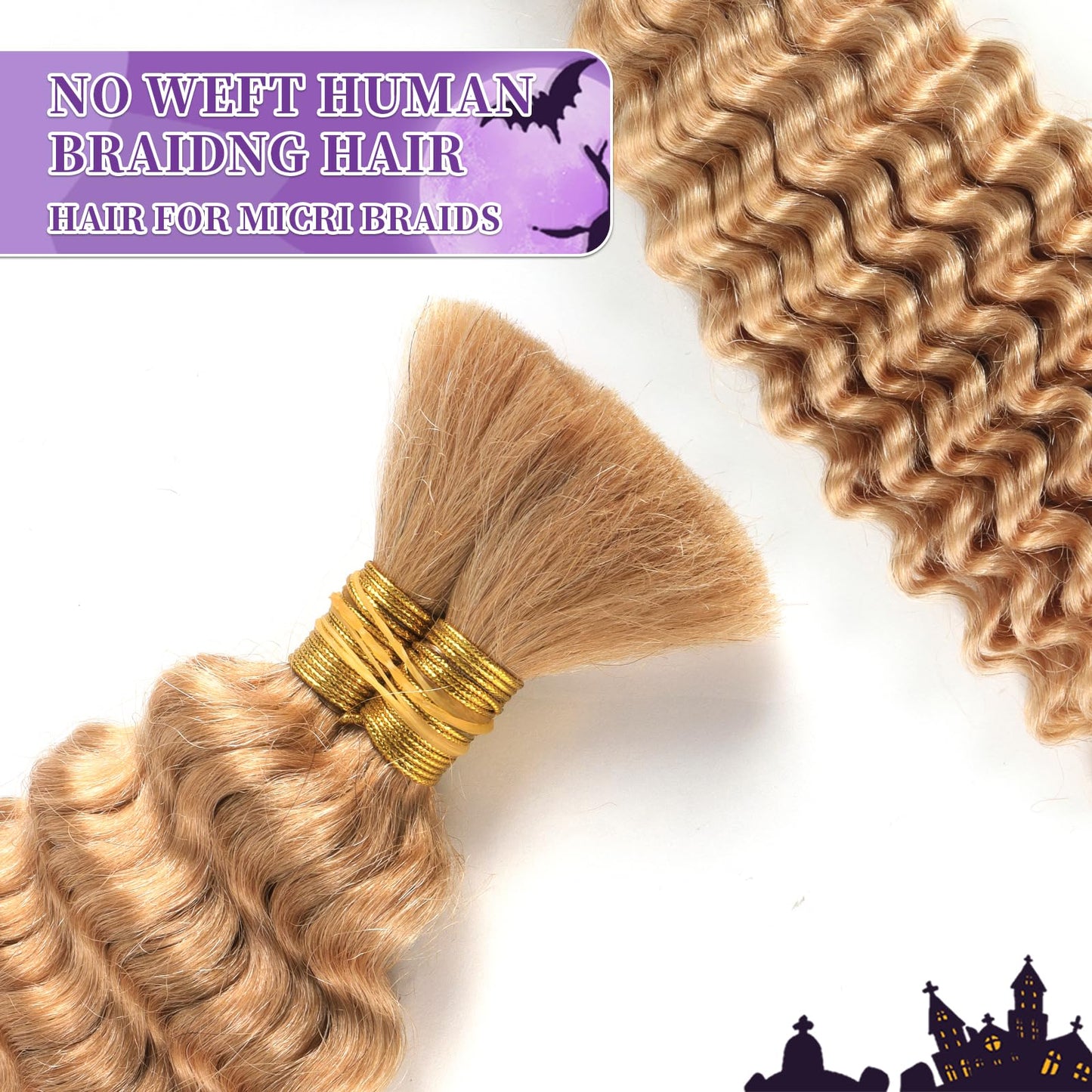 Deep Wave Bulk Human Braiding hair For Boho Braids knotless Micro Curly Wet And Wavy Bundles No Weft 12A Brazilian Remy Human Hair Extensions For Black Women (Deep Bulk - #27, 16Inch/100G)