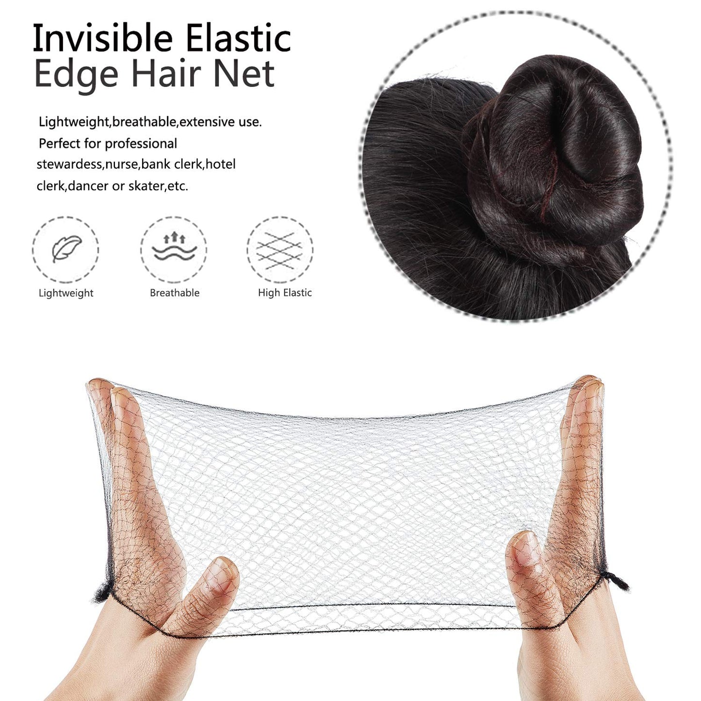 Zonon Hair Nets 50Pcs Invisible Elastic Edge Mesh, 50cm Individual Package, for Women Bun Suitable Occasions, with 40Pcs U Shaped Pins, Black