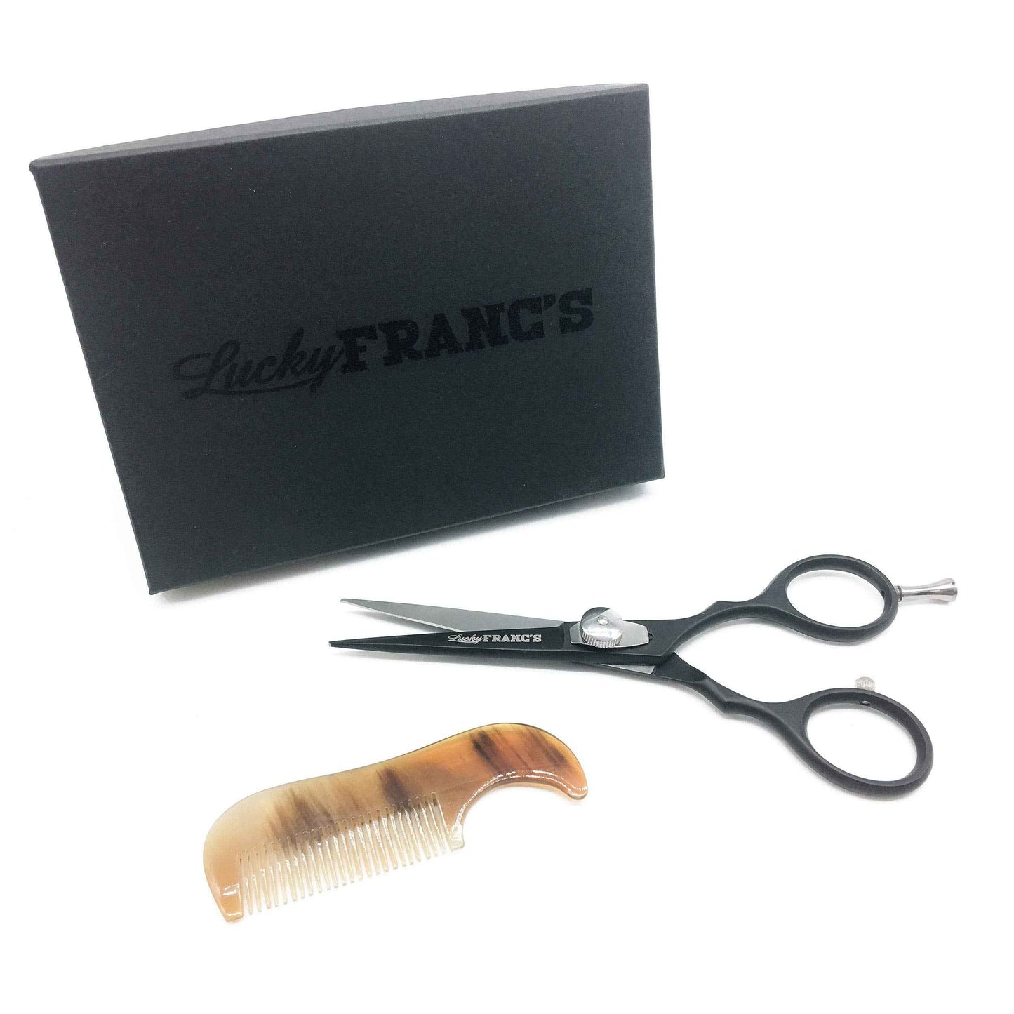 Lucky Franc's Beard Grooming Kit with Japanese Beard Scissors & Ox Horn Handmade Mini Beard Combs for Men. Mustache Trimming Kit with Mustache Hair Scissors and Comb for Men. Handmade Beard Care Kit