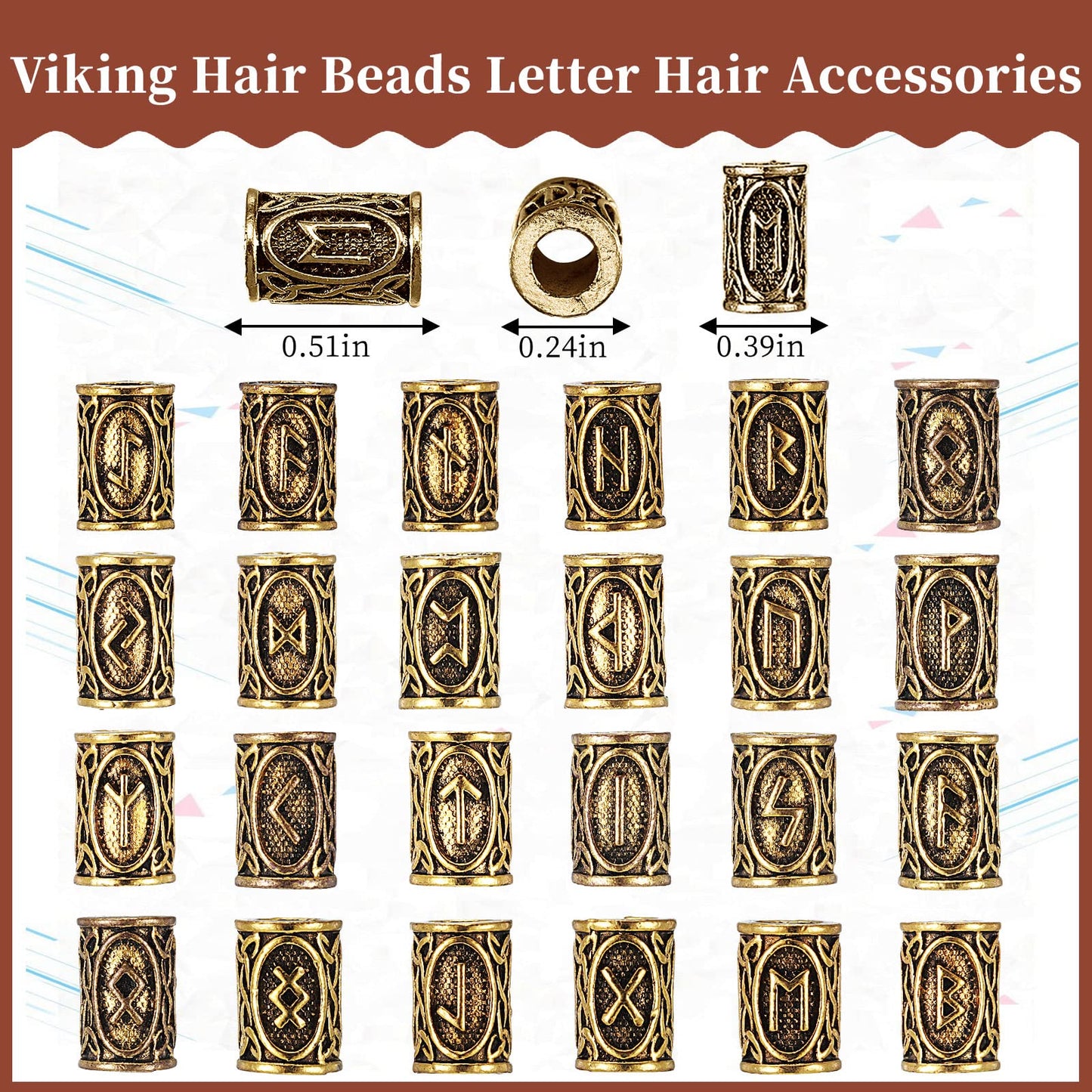 24 Piece Norse Vikings Runes Hair Beard Beads for Bracelets Necklace Accessories DIY Includes 7 Pieces Pull Hair Pin Quick Beader Hair Tool and Black Rubber Bands for Women Men (Gold)