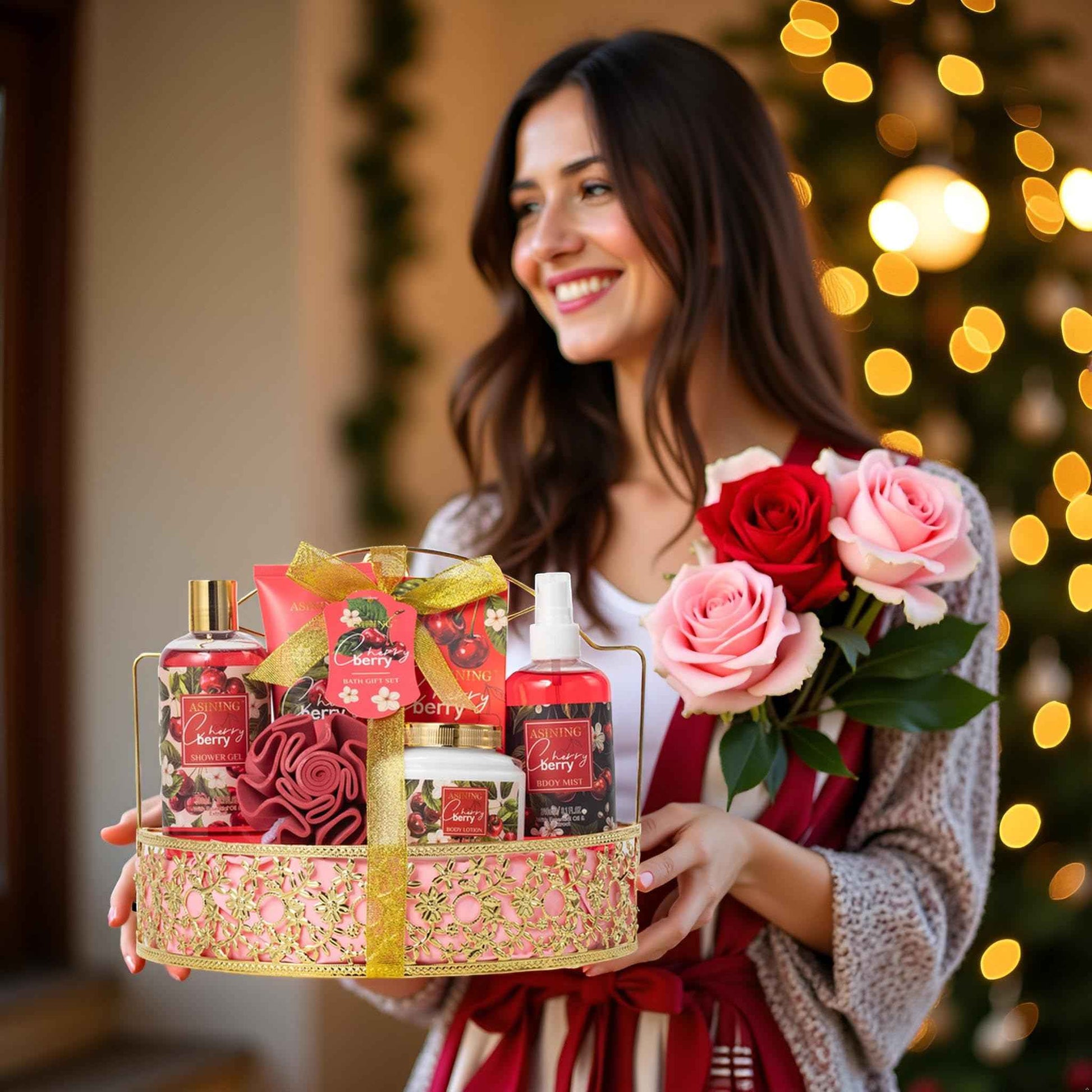 Bath & Body Basket Set, Cherry Fruit Scent Spa Gift Basket with Shower Gel, Lotions for Women Gift Set, Spa Kits for Christmas Valentine's Birthday Gift All Occasion Holiday Gift Idea Luxury Bath Set