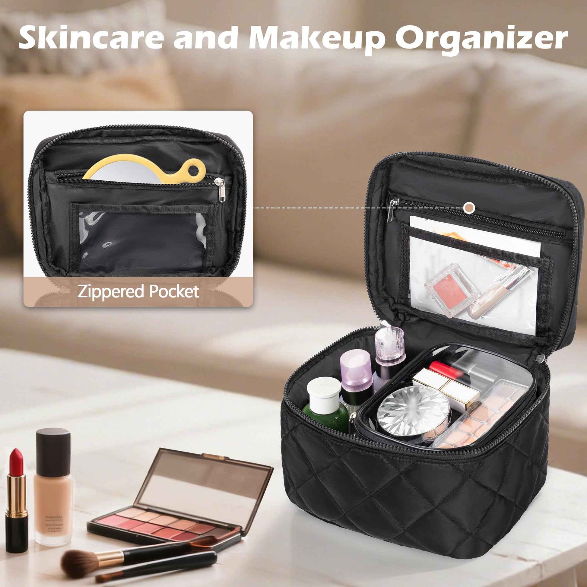 Trahzia Travel Makeup Bag with 4 Clear Cases, Large Quilted Cosmetic Organizer for Women, Puffy Storage Bag for Cosmetics, Photos or Pill Bottles, Black (Empty Bag)