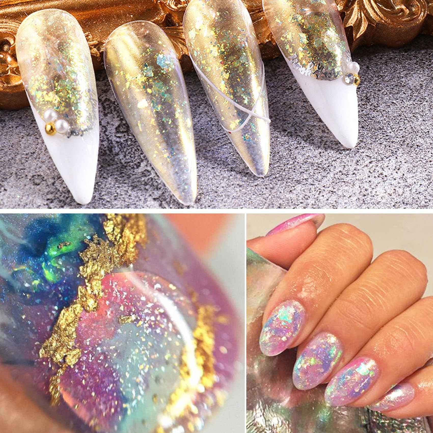 Holographic Nail Glitter 12 Grids Opal Glitter Powder Nail Charms Eye Rhinstones Mermaid Iridescent Nail Sequins Flakes Gold Silver Nail Foil for Nail Art Deisgn Kit for Christmas Halloween