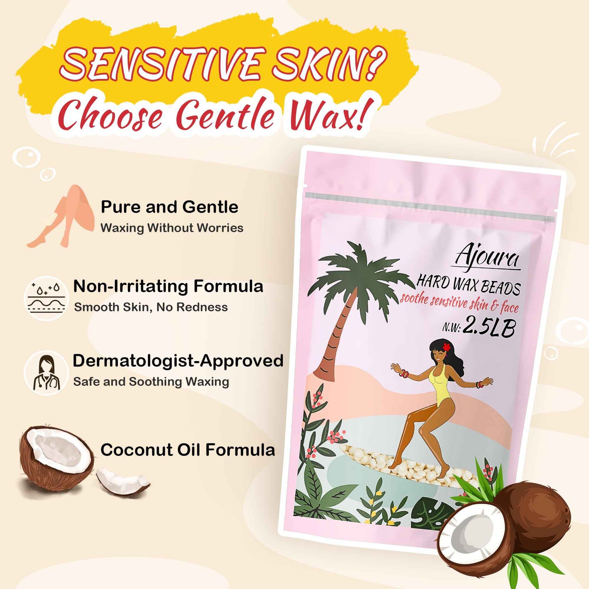 Ajoura 2.5 lb Wax Beads for Hair Removal - Premium Hard Wax for Coarse Hair, Ideal for Brazilian Bikini, Legs, Face, Underarms, Arms, Chest, Back - Sensitive Skin for Efficient Home & Salon Waxing