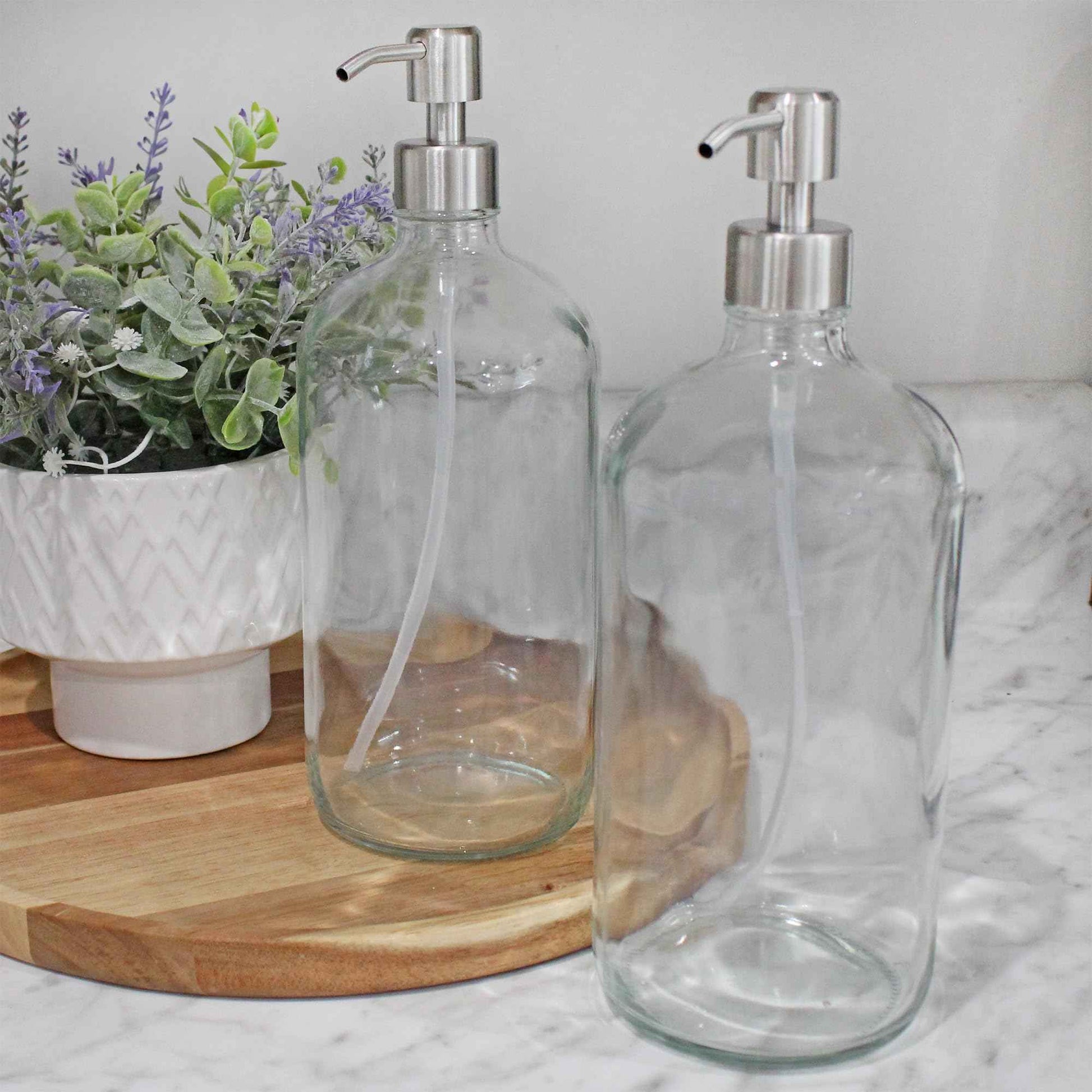 Cornucopia Brands 32oz Glass Pump Bottles w/Stainless Steel Pump (2-Pack, Clear); Economy Size Soap Dispenser for Massage Oils, Lotions, Liquid Soaps