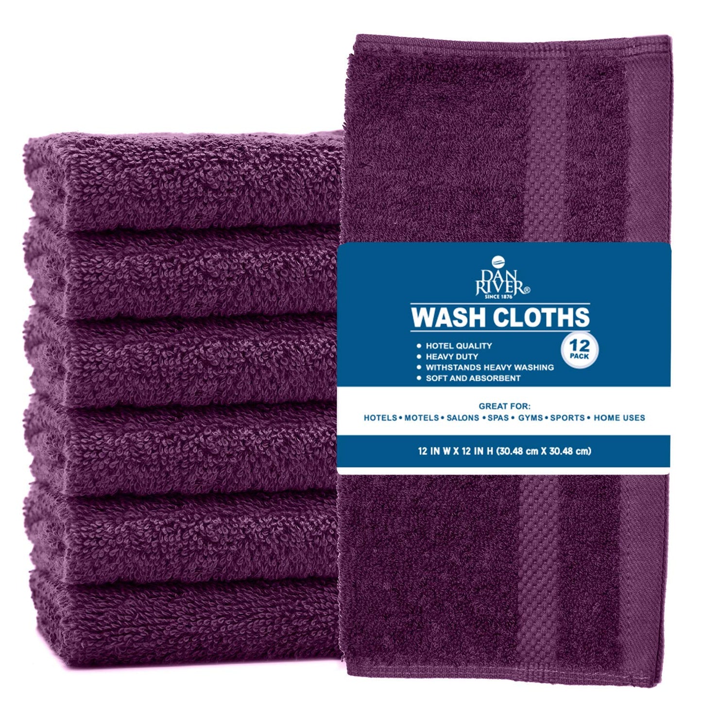 DAN RIVER 100% Cotton Face Towels 12 Pack - Premium Quality Washcloths Highly Absorbent Towels for Bathroom, Spa, Gym - Quick Dry Essential for Daily Use 12x12 in, 600 GSM – Purple Passion