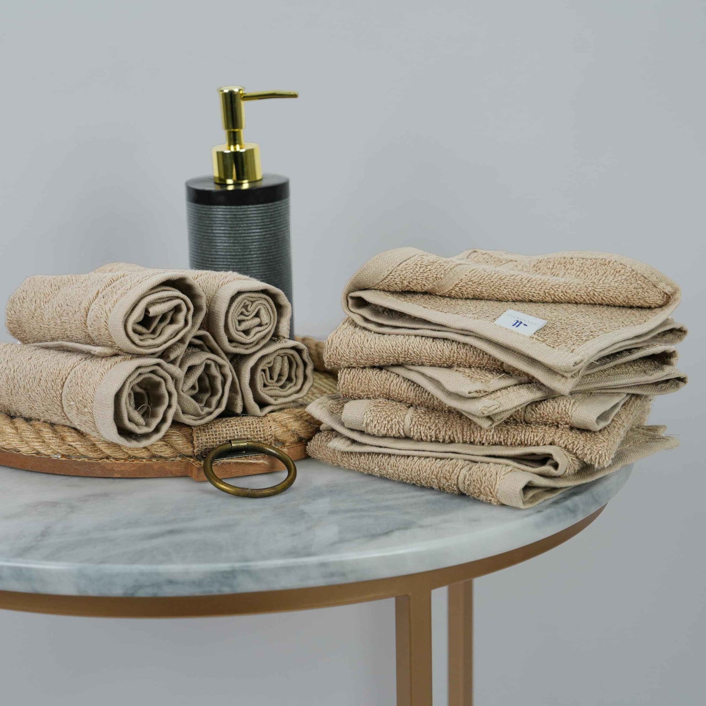 Tens Towels Pack of 12 Washcloths, 12 x 12 Inches, Lighter Weight, Quick to Dry, Super Soft & Absorbent, Gentle Face Towels, Hotel Quality, Perfect for Bathroom, Gym, Spa (Beige, 12 Pack)