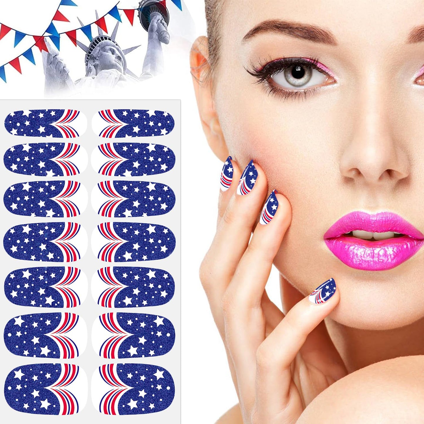 JERCLITY 224 Pieces 16 Sheets Independence Day Nail Polish Strips Patriotic American Flag Nail Wraps Nail Art Stickers 4th of July Self-Adhesive Solid Color Nail Decals Manicure for Memorial Day