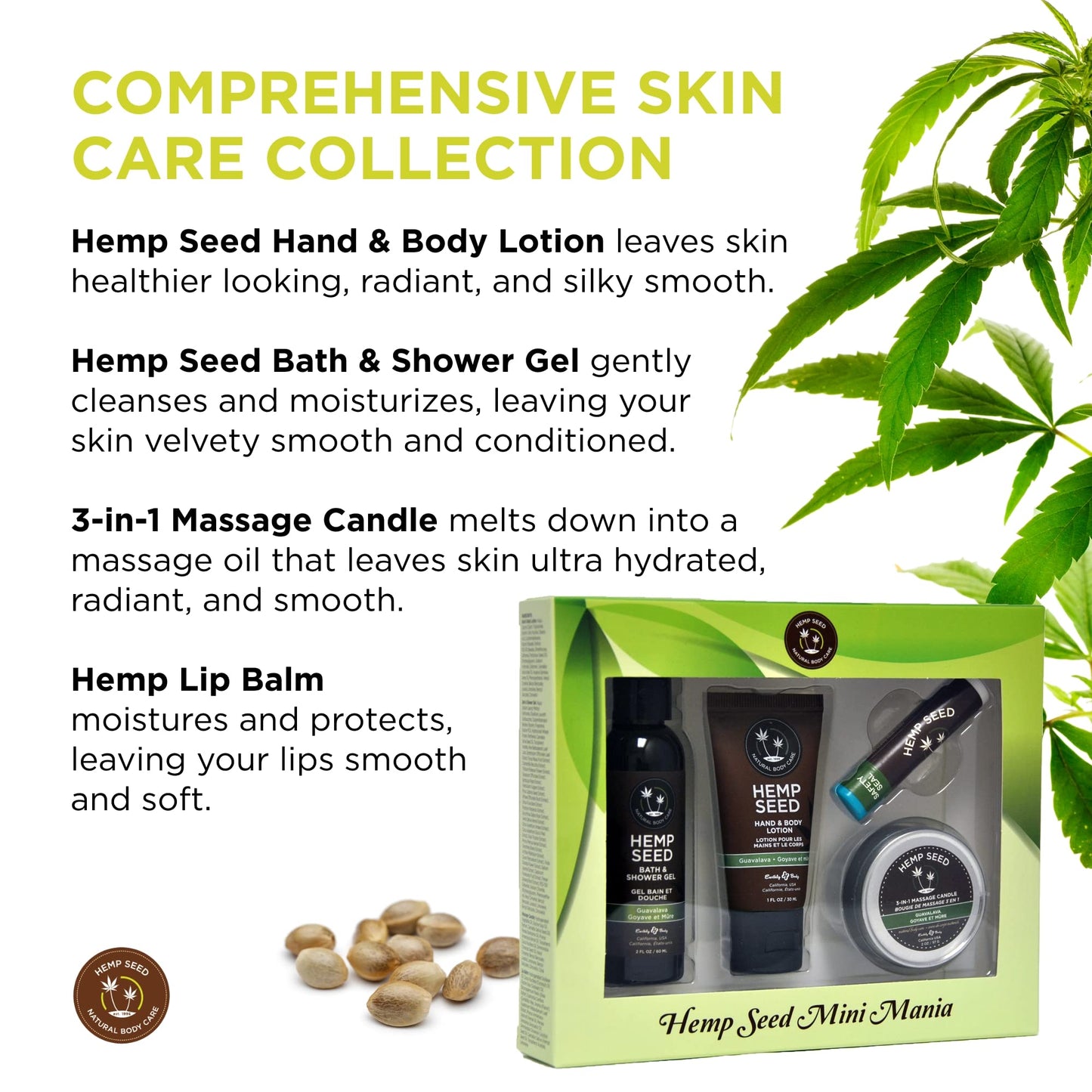 Hemp Seed Mini Mania Travel Set, Guavalava - Includes Bath & Shower Gel (1 oz), Hand & Body Lotion (1 oz), a 3-in-1 Massage Candle (2 oz), and Lip Balm (0.15 oz) - Vegan, Cruelty Free