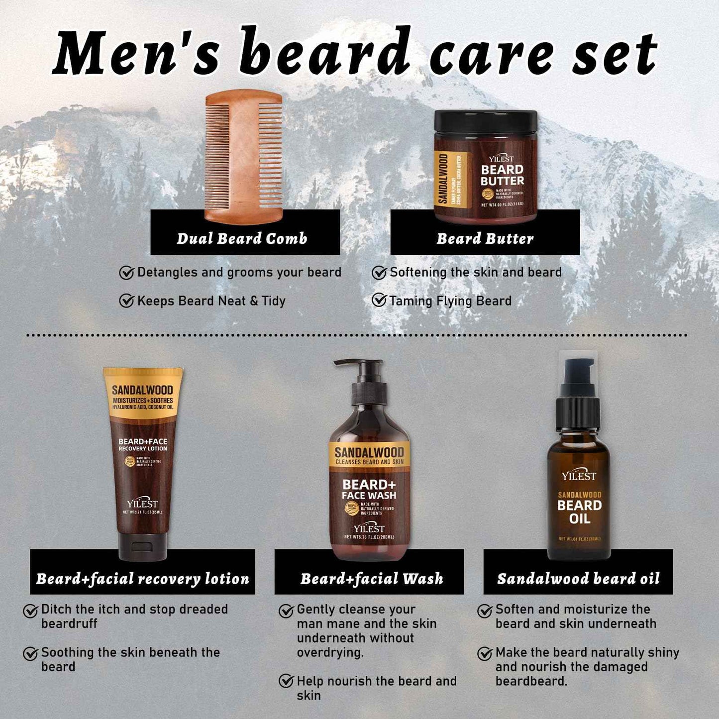 Sandalwood Beard Care Set | Nourish Follicles for Elastic Growth, Deeply Condition with Butter & Oil, Soothe Skin with Recovery Lotion & Gentle Wash