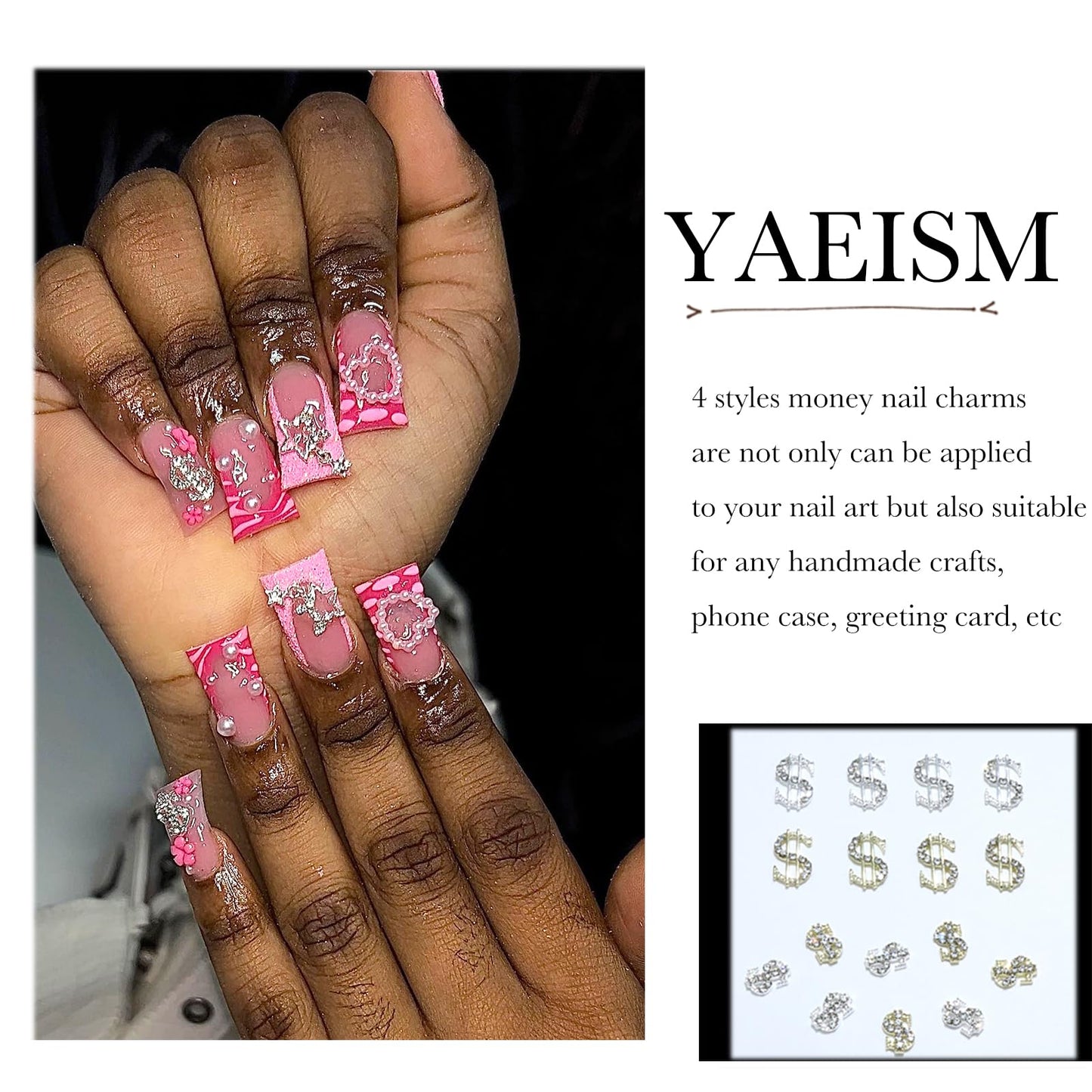 YAEISM 16PCS Money Dollar Nail Charms 4 Styles Gold and Silver Money Nail Charms 3D Alloy Money Sign Nail Charms with Crystals Shiny Rhinestones for Nail Art and DIY Crafts Jewelry Decoration