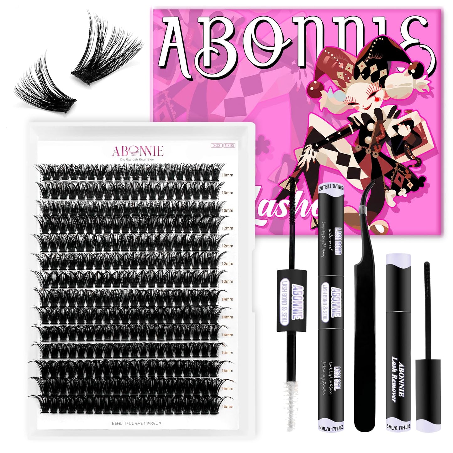 ABONNIE DIY Lash Extension Kit,280 Pcs Cluster lash Extensions Kit, 10-16mm Mix Lash Clusters, 60D D Curl Lash Clusters Kit with Bond and Seal and Tweezer and Remover,at Home Lash Extensions Kit