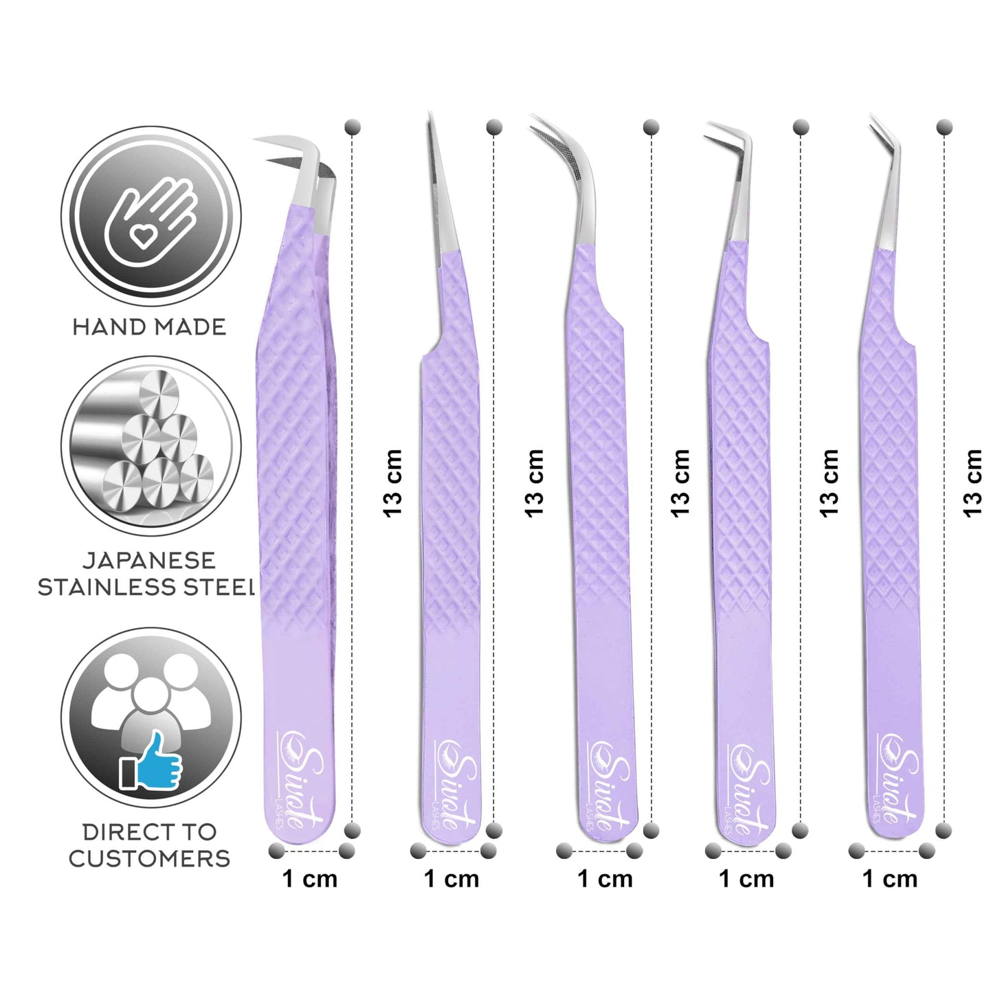 SIVOTE Lash Tweezers for Eyelash Extensions, Pack of 5 Purple – Lash Extension Tweezers Set with Diamond Grip, Precision Fiber Tip for Volume Eyelash Extensions
