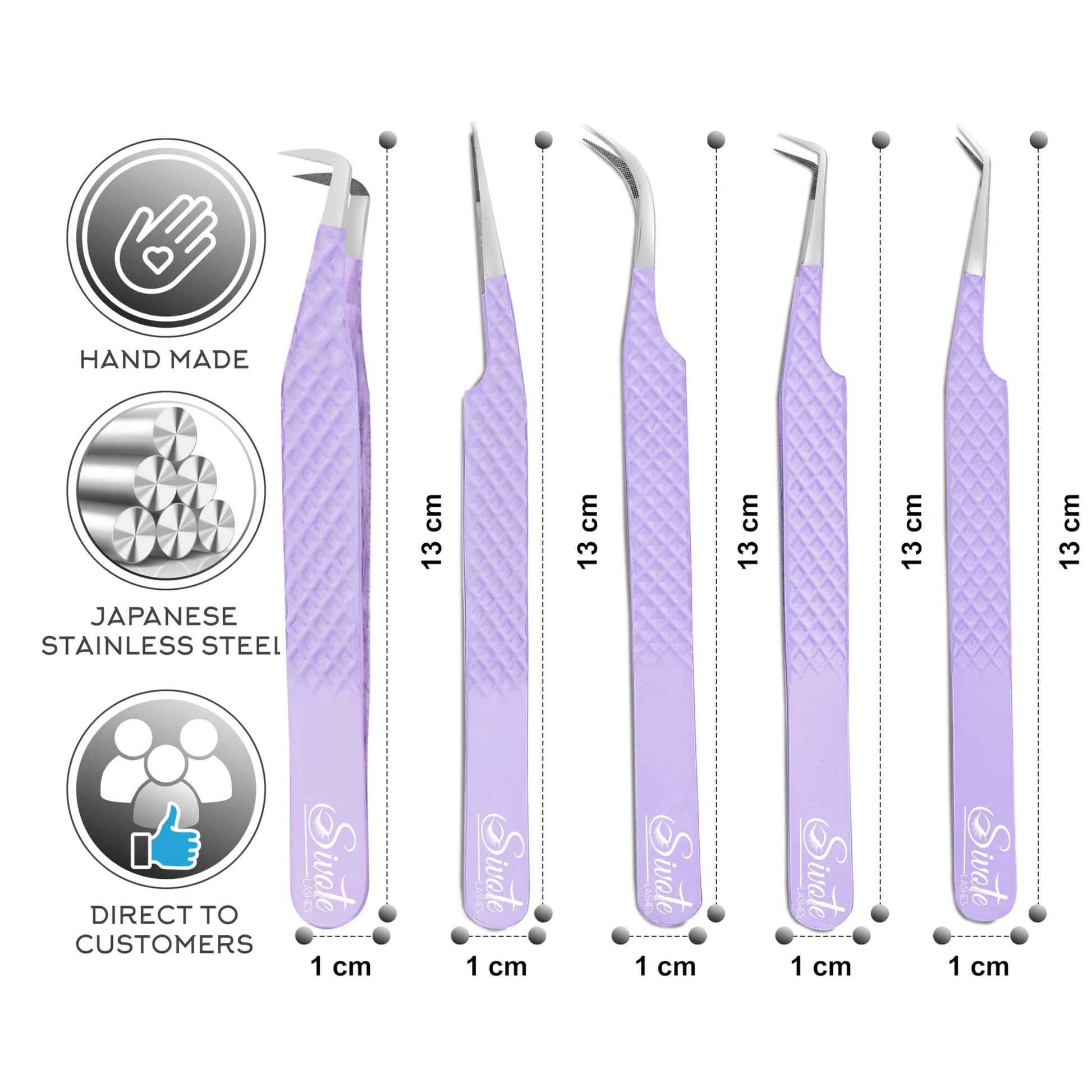 SIVOTE Lash Tweezers for Eyelash Extensions, Pack of 5 Purple – Lash Extension Tweezers Set with Diamond Grip, Precision Fiber Tip for Volume Eyelash Extensions