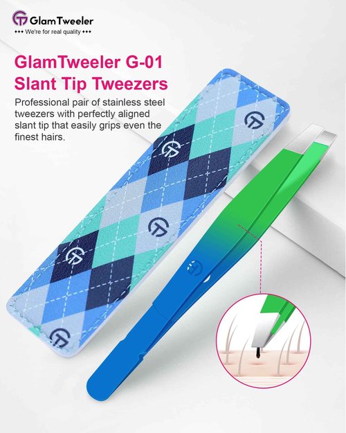 Exclusive G-01 Slant Tip Tweezers, GlamTweeler High Precison Expert Eyebrow and Facial Hair Removal Tweezer with Leather Storage & Carrying Case (Princess Blue & Green)