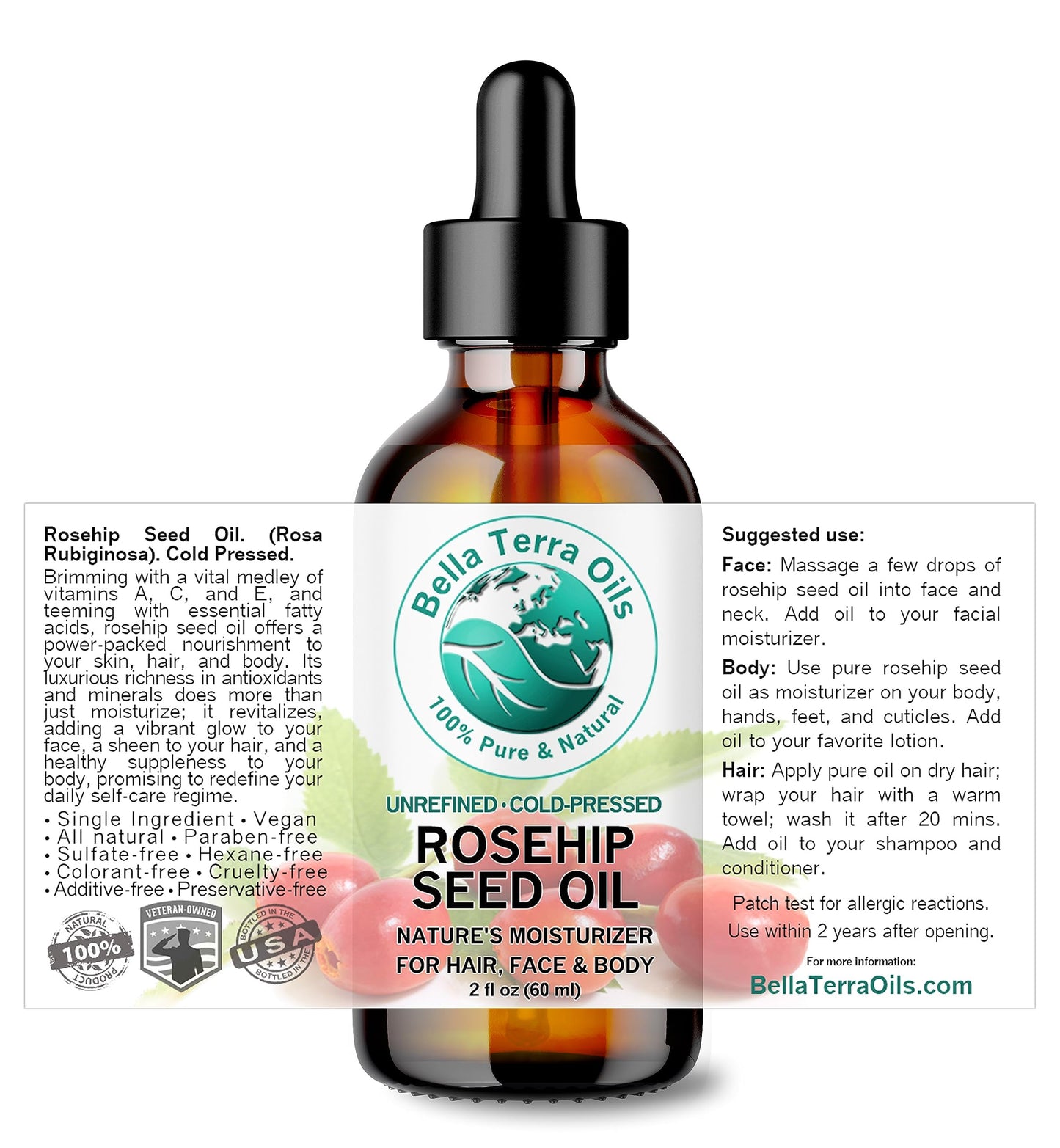 Bella Terra Oils - Organic Rosehip Seed Oil 2 oz - Cold-Pressed Elixir, Rich in Vitamin A, C, & E, Linoleic & Alpha-Linolenic Acid, Perfect Facial Emollient