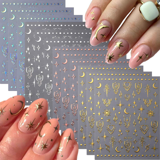 Namrec 12 Sheets Star Nail Stickers for Nail Art Gold Moon Star Nail Art Stickers Decals 3D Self Adhesive Aurora Nail Decals Silver Star Nail Art Design Decoration Accessories for Women, Style 3