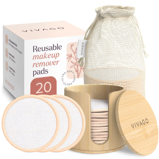 VIVAGO Reusable Cotton Rounds for Face - (20 Pack) Soft Reusable Makeup Remover Pads with Washable Drawstring Laundry Bag & Bamboo Holder - All Skin Type Skincare Set Facial Cleaning Cloth