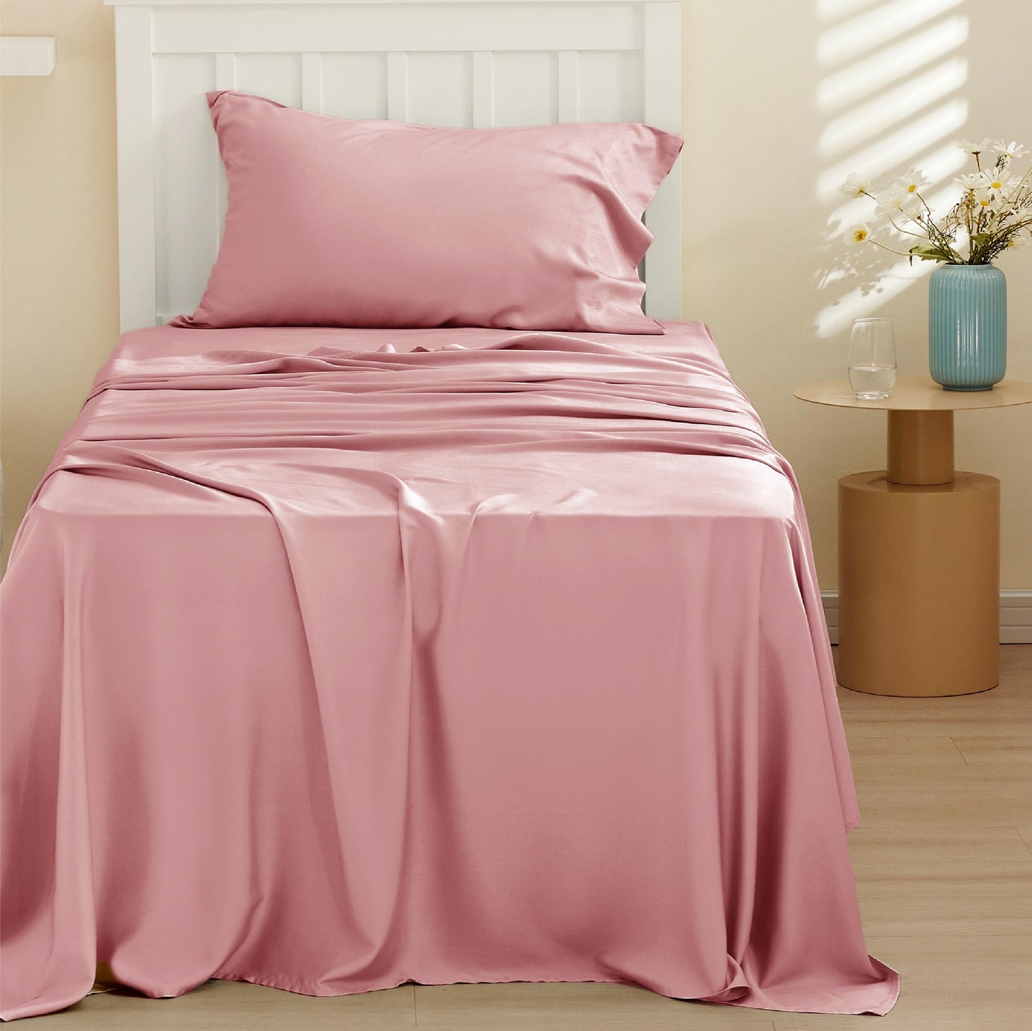 Bedsure Twin Sheets Set, Cooling Sheets Twin Size Bed Set, Rayon Derived from Bamboo, Twin Size Sheets, Breathable & Soft Bed Sheets, Hotel Luxury Silky Bedding Sheets & Pillowcases, Blush Pink