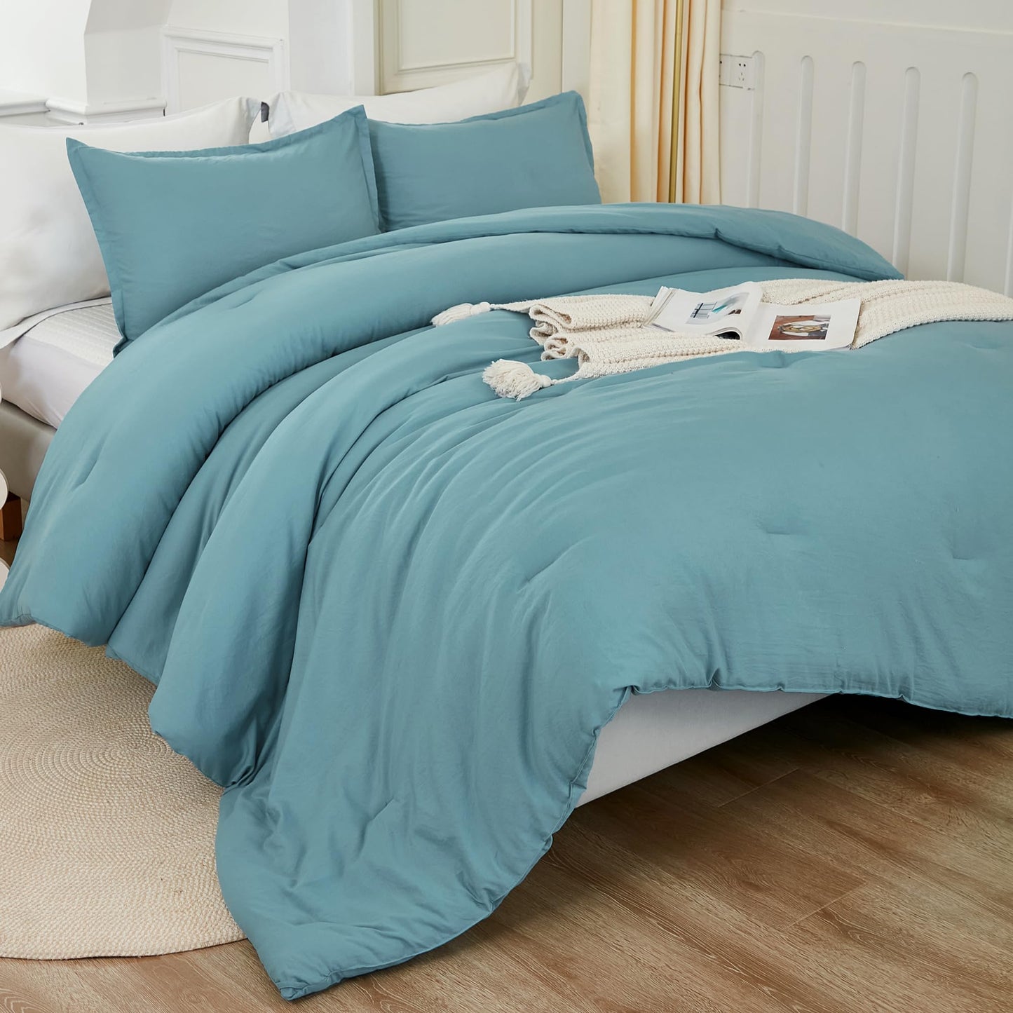 Litanika Grayish Teal Comforter Set Twin/Twin XL Size, 2 Pieces Lightweight Solid Bedding Comforter Set, All Season Fluffy Bed Set (66x90In Comforter & 1 Pillowcase)