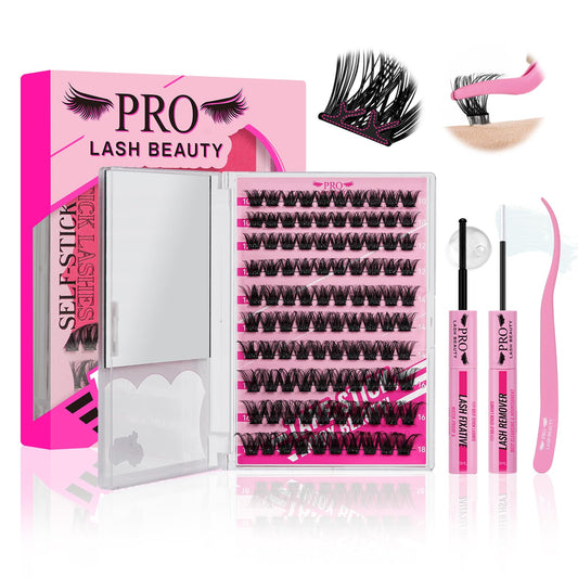 PRO Self Adhesive Eyelashes Kit Press On Lashes 120pcs Lash Clusters Lash Fixative Lash Remover Lash Applicator Eyelash Extension Kit Easy To Apply Lash Extension Kit (Into You-01,D-10-18mix Kit)