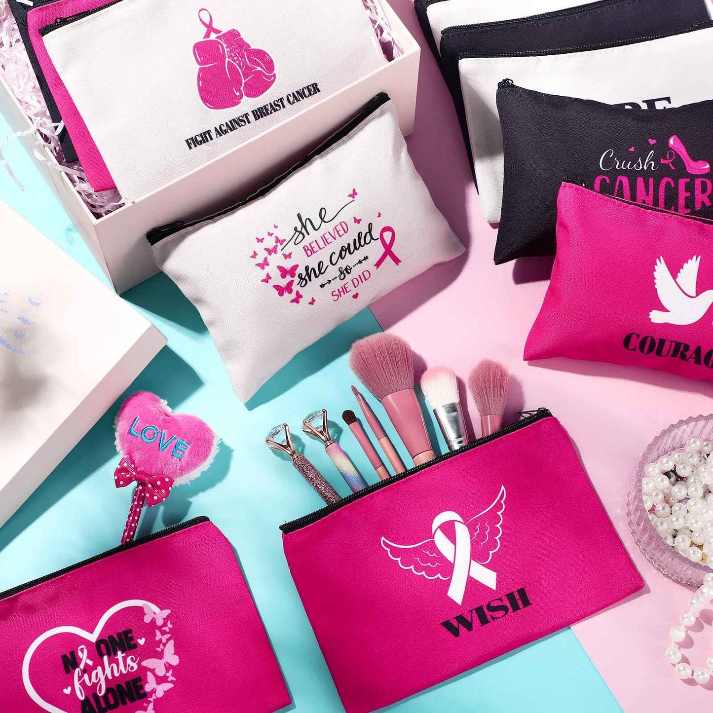 Breast Cancer Awareness Bag Pink Ribbon Travel Makeup Pouch Breast Cancer Cosmetic Pouch Portable Canvas Breast Cancer Gift Bag for Vacation Travel Women Breast Cancer Awareness Party (24 Pcs)