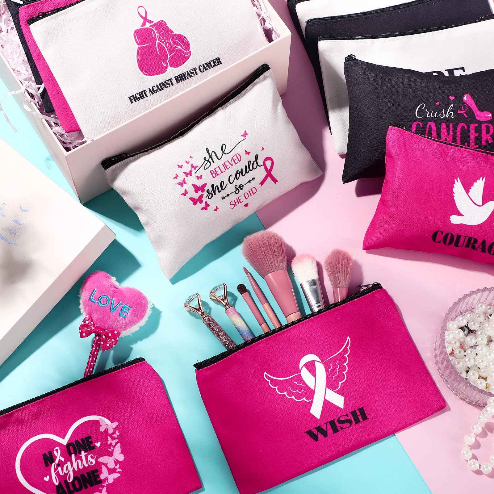 Breast Cancer Awareness Bag Pink Ribbon Travel Makeup Pouch Breast Cancer Cosmetic Pouch Portable Canvas Breast Cancer Gift Bag for Vacation Travel Women Breast Cancer Awareness Party (24 Pcs)