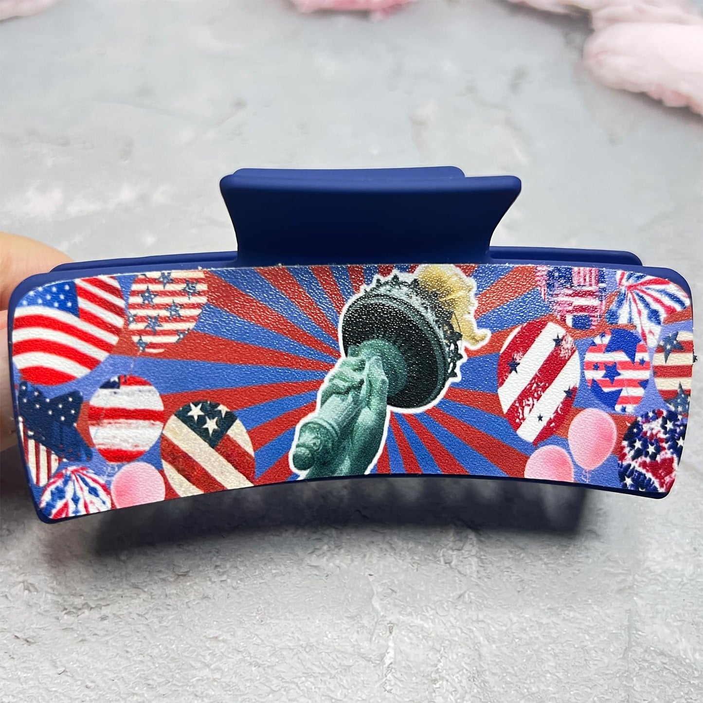 WEIXIWUYU Hair Clip, American Flag Leather Hair Claw Clip, Patriotic Statue of Liberty Hair Accessories, Red White Blue, 4th of July Memorial Day, for Women Girls