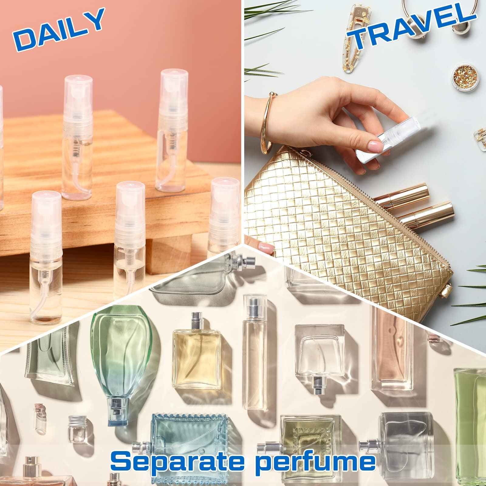 Lallisa 100 Pcs 3ml Mini Spray Bottles Clear Glass Perfume Bottles Refillable Fine Mist Spray Empty Fragrance Sample Containers Cosmetics Atomizer for Cleaning, Travel, Essential Oils