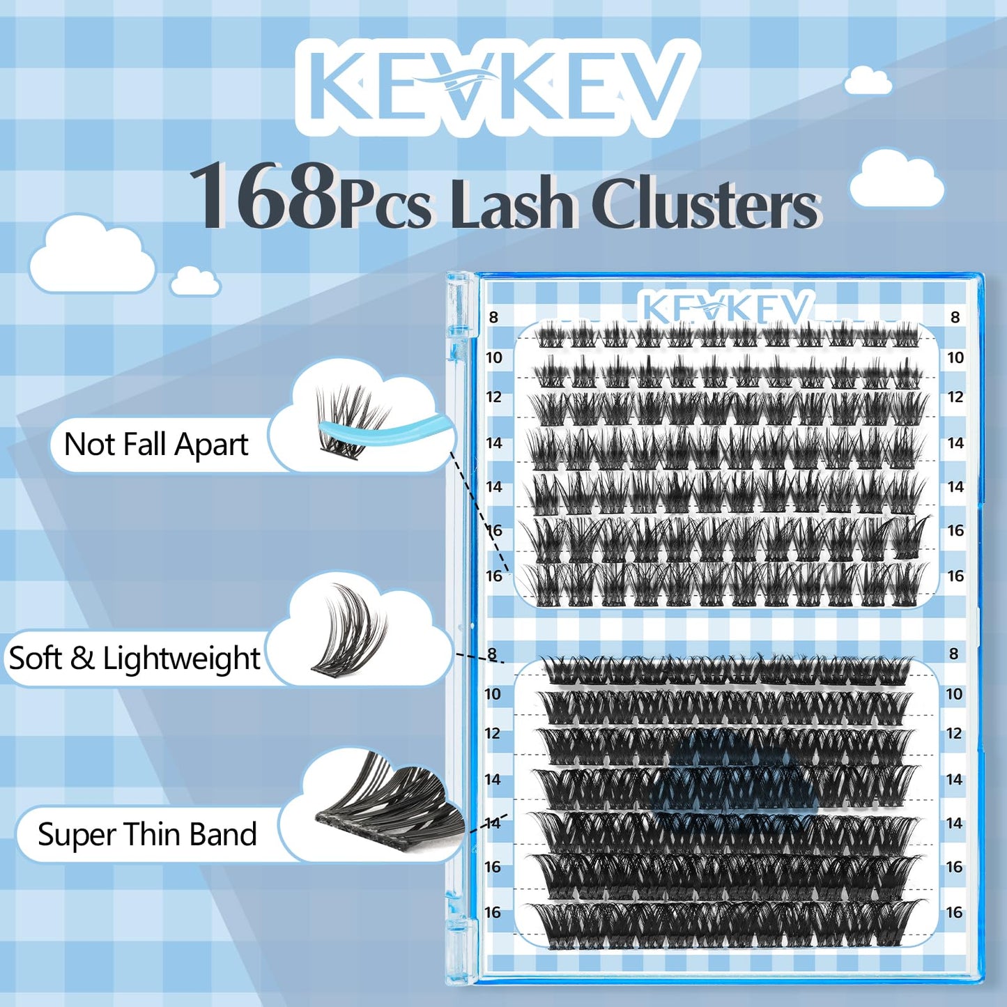 KevKev Lash Clusters 168 Pcs Cluster Lashes DIY Lash Extensions Mixed Styles Individual Lashes Eyelash Clusters Thin Band & Soft Lashes that Look Like Eyelash Extensions(Cloudy & Cirrus, D-8-16mix)