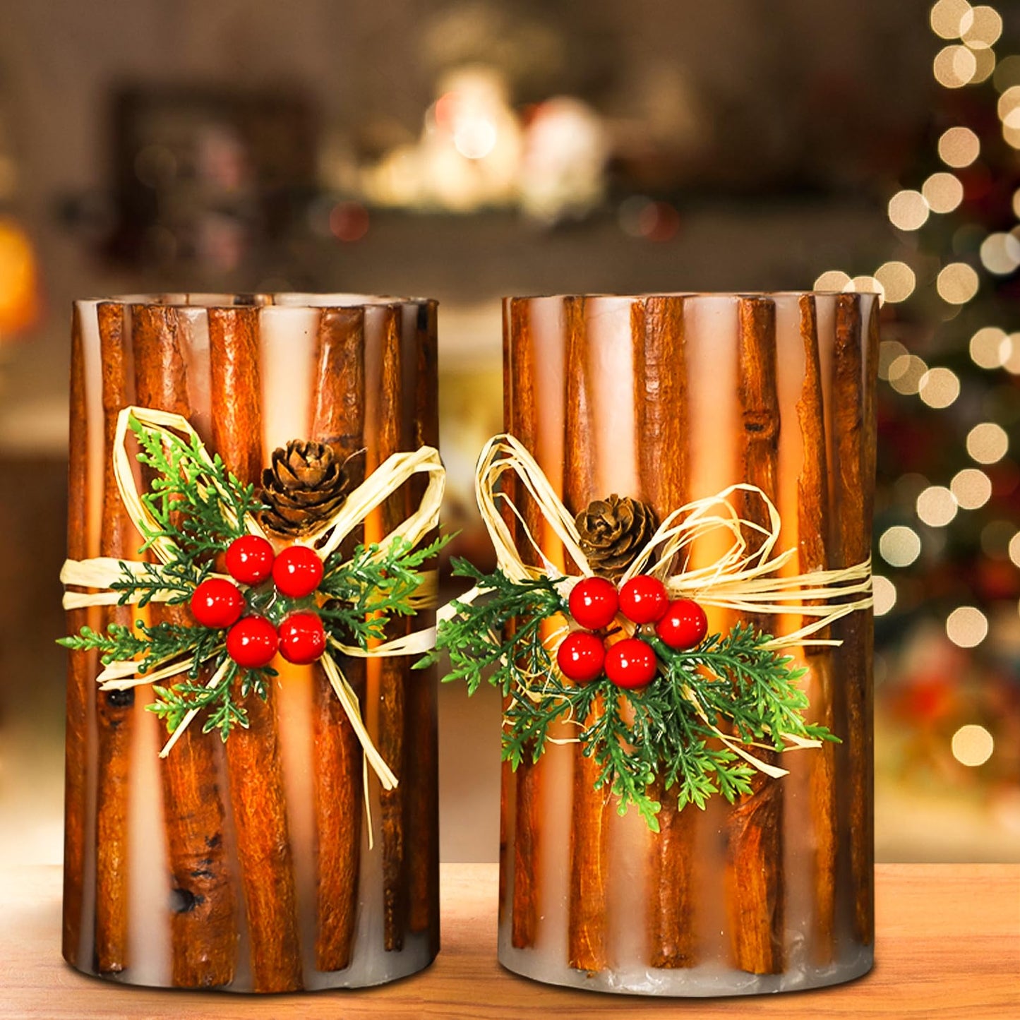 Silverstro Christmas Fake Candles with Remote Embedded Cinnamon Bark Blinks Real Wax Decorative Candles for Home Party Xmas Holiday Decorations - D3.23 X H6 Set of 2