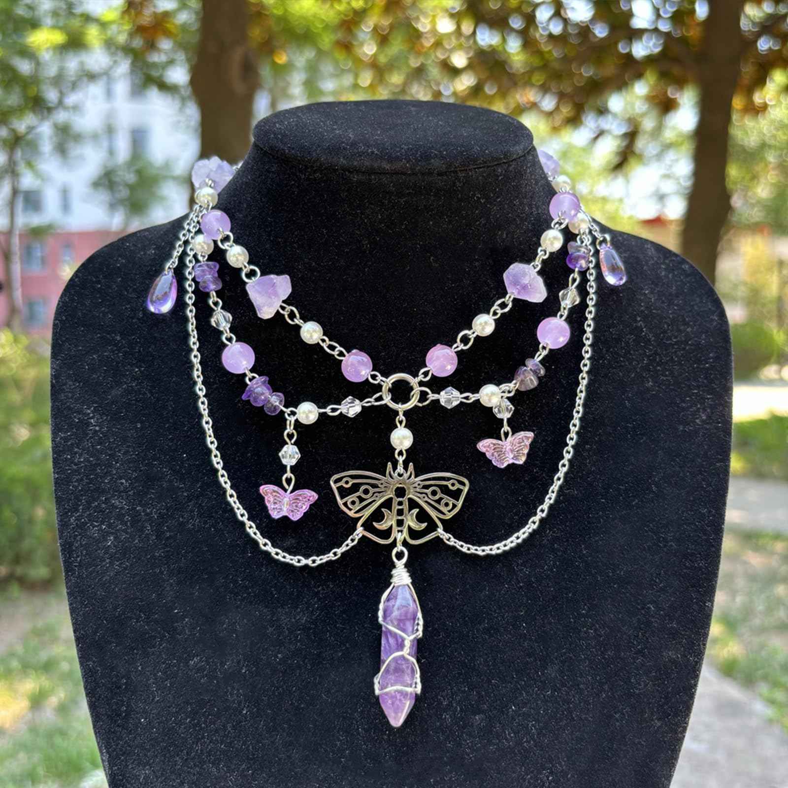 MOSTORY Purple Flower Crown and Fairy Necklace for Women Renaissance Halloween Cosplay