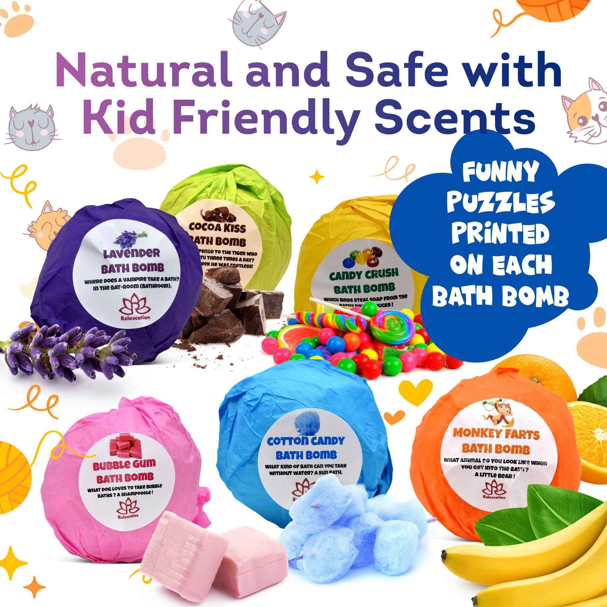 Made in USA 6 Organic Bath Bombs for Kids Set with Cat Toys Surprise Inside for Kids - Surprise Cute Cats Inside Each Fizzy Bath Ball - Natural and Safe for Girls, Boys, Teens - Perfect for Gift