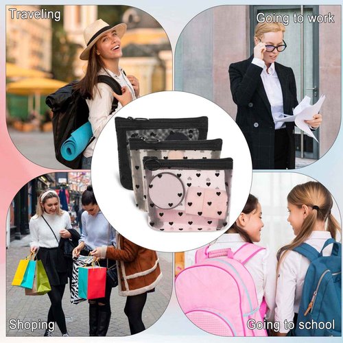 3Pcs Mini Cosmetic Bags, Heart Print Mesh Zipper Bags, Lipstick Accessories Organizer, Makeup Bag for Women, Small Purse Bag, 3 Colors