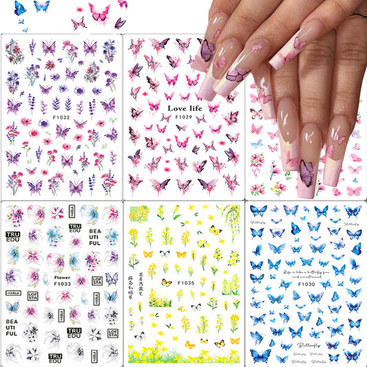 6 Sheets Butterfly Nail Art Stickers 3D Self-Adhesive Flower Nail Stickers Pink Blue Colorful Flower Butterfly Designer Nail Decals Spring Summer Stickers for Women Girls Acrylic Nail Decorations Kits