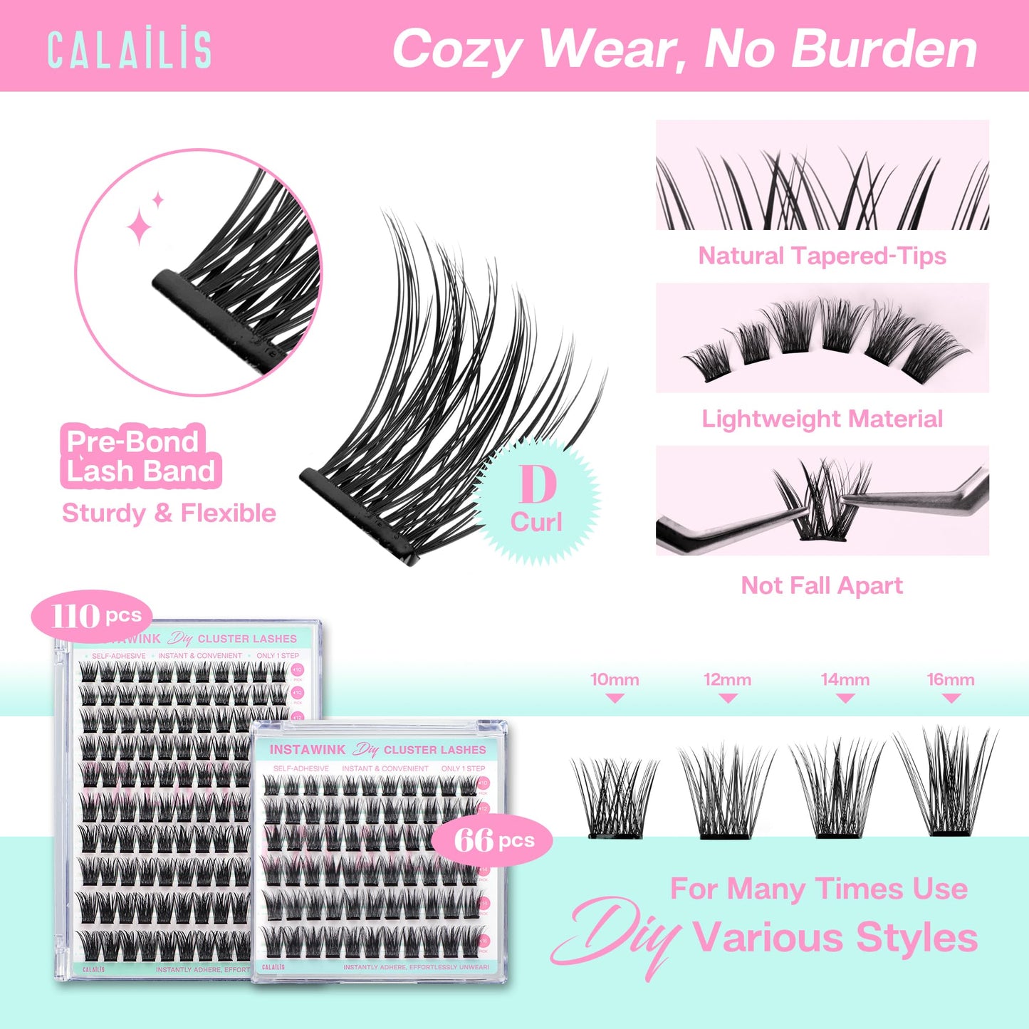 CALAILIS Self Adhesive Eyelashes 66Pcs D Curl Press on DIY CLuster lashes No Glue Needed Wispy Lash Clusters Pre Glued Reusable Glueless Eyelash Clusters Kit with Tweezers for Beginners (AC04)