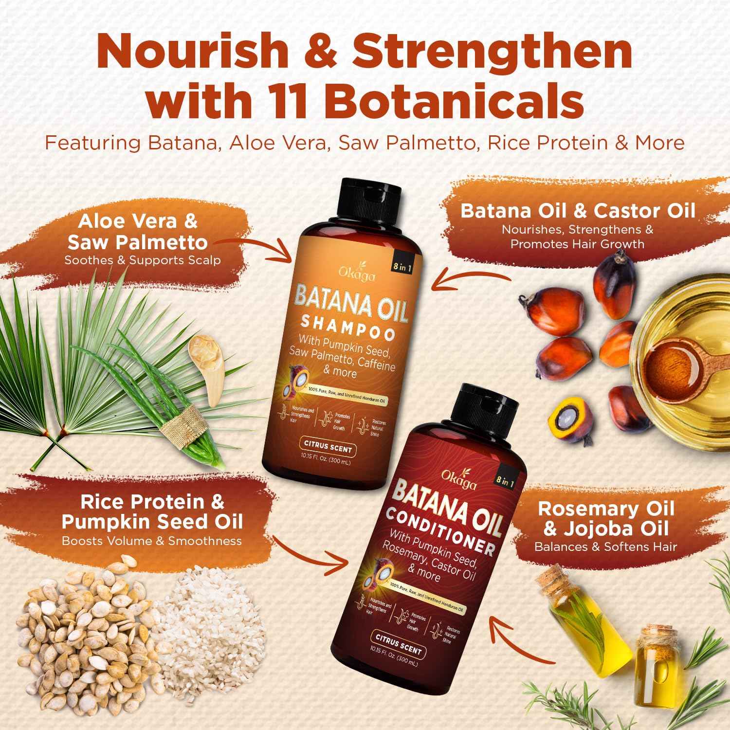 Batana Oil Shampoo & Conditioner Bundle (Okaga Shower Set) with Aloe Vera Leaf Juice, Saw Palmetto, Caffeine, Biotin, Jojoba, Pumpkin Seed, Castor, Rosemary & Hydrolyzed Rice Protein